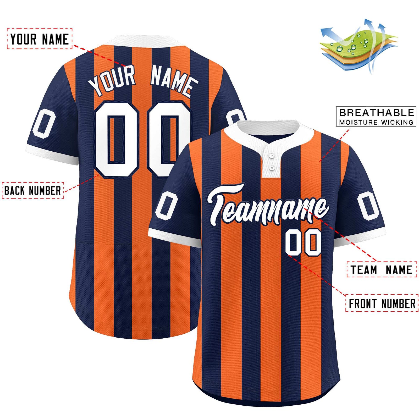 Custom Navy Orange Stripe Fashion Authentic Two-Button Softball Jersey