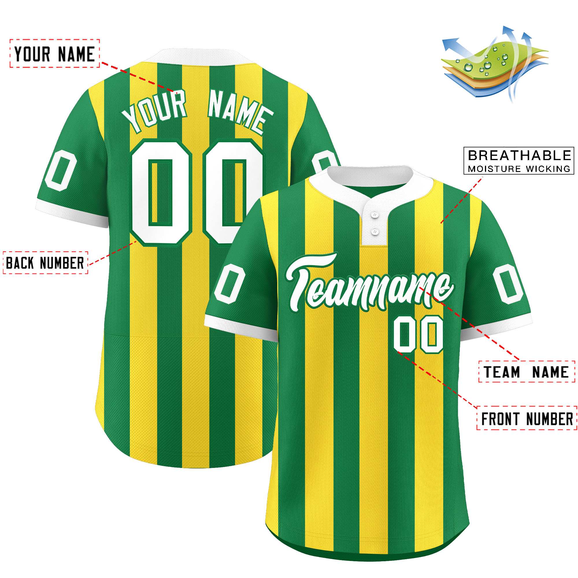 Custom Kelly Green Gold Stripe Fashion Authentic Two-Button Baseball Jersey