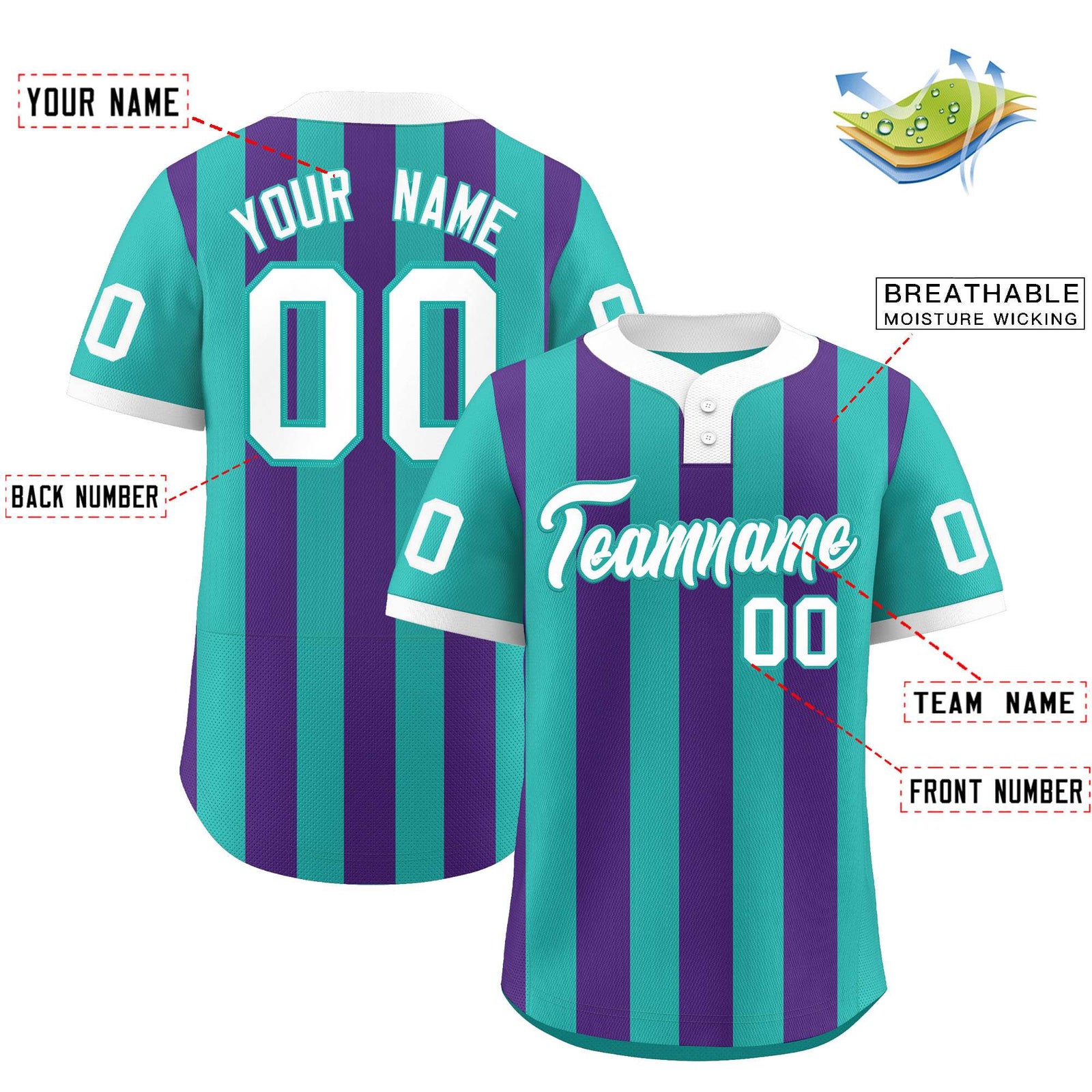 Custom Aqua Purple Stripe Fashion Authentic Two-Button Softball Jersey