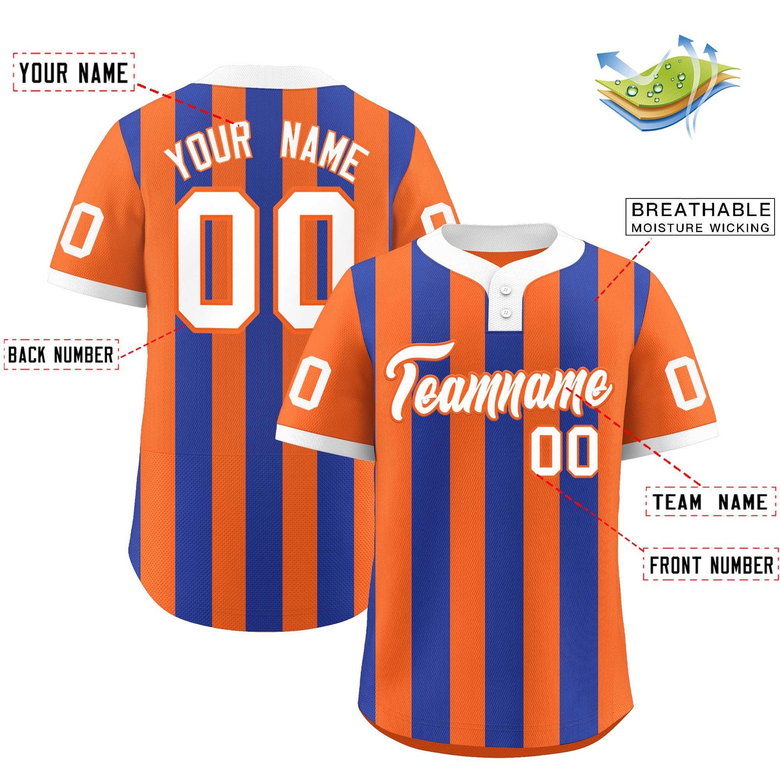 Custom Orange Royal Stripe Fashion Authentic Two-Button Softball Jersey