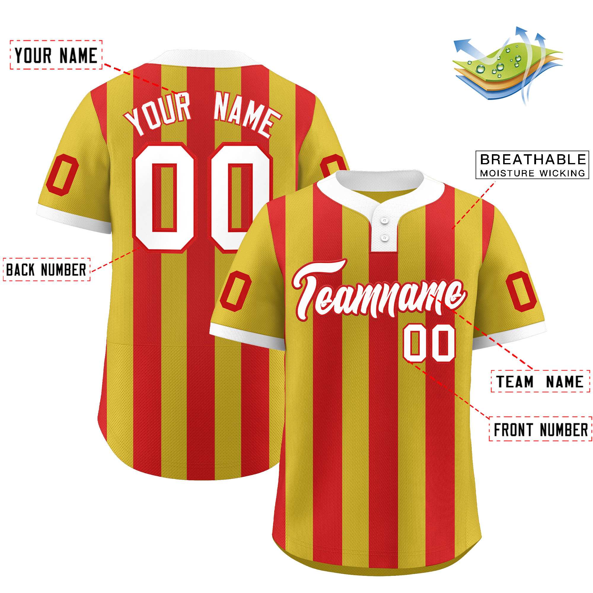 Custom Old Gold Red Stripe Fashion Authentic Two-Button Softball Jersey
