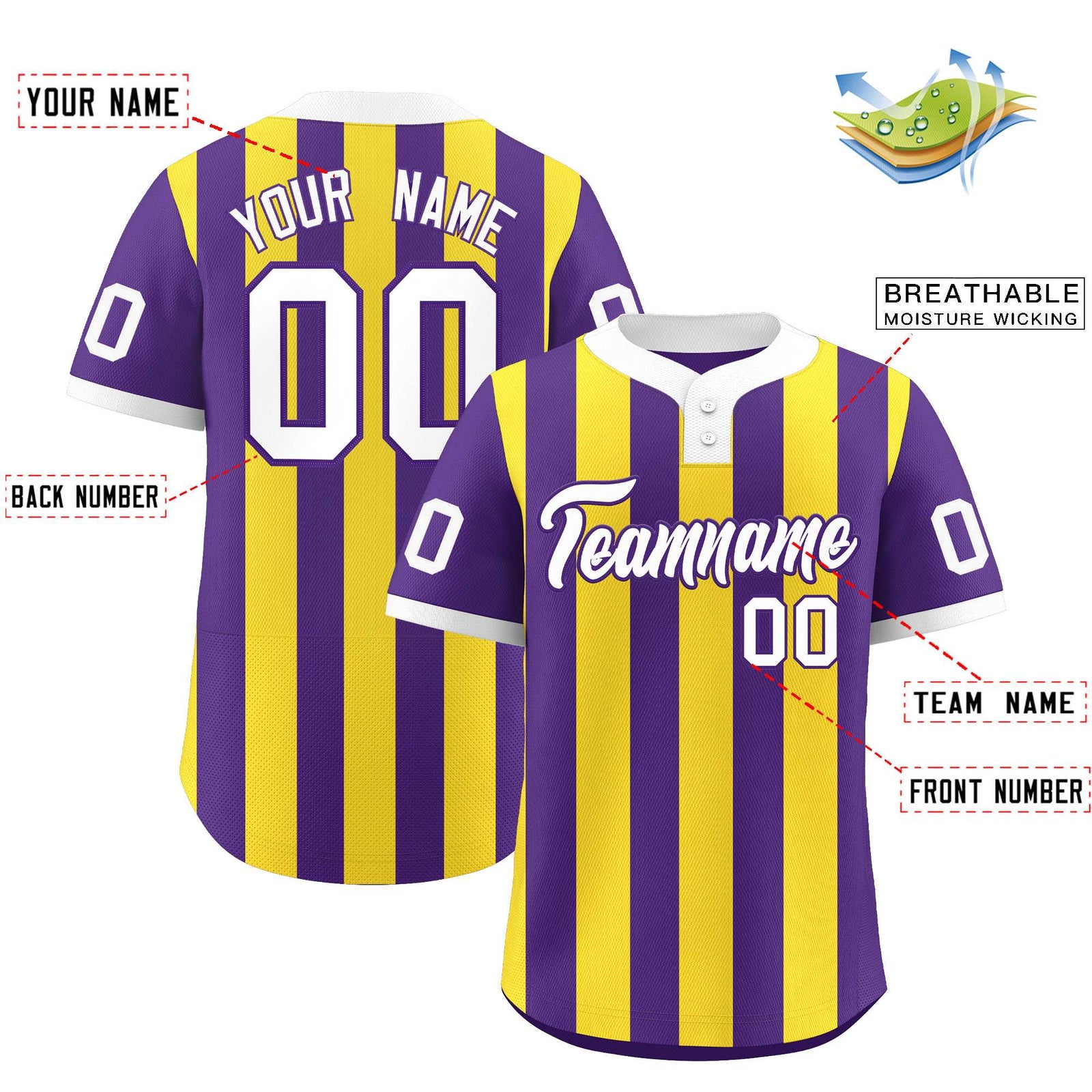 Custom Purple Gold Stripe Fashion Authentic Two-Button Softball Jersey