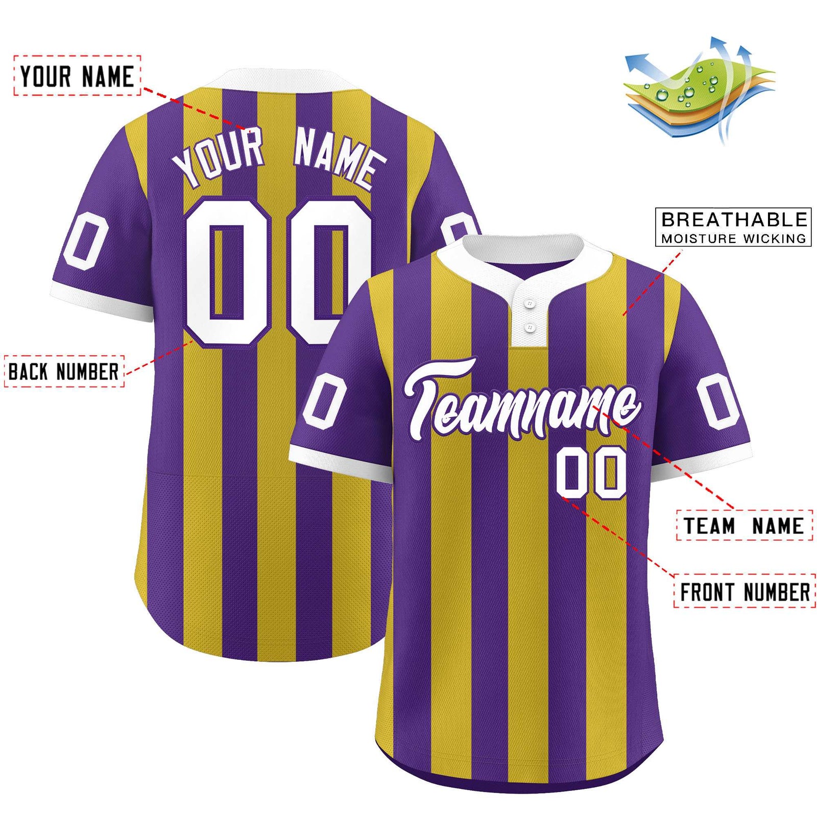 Custom Purple Old Gold Stripe Fashion Authentic Two-Button Softball Jersey