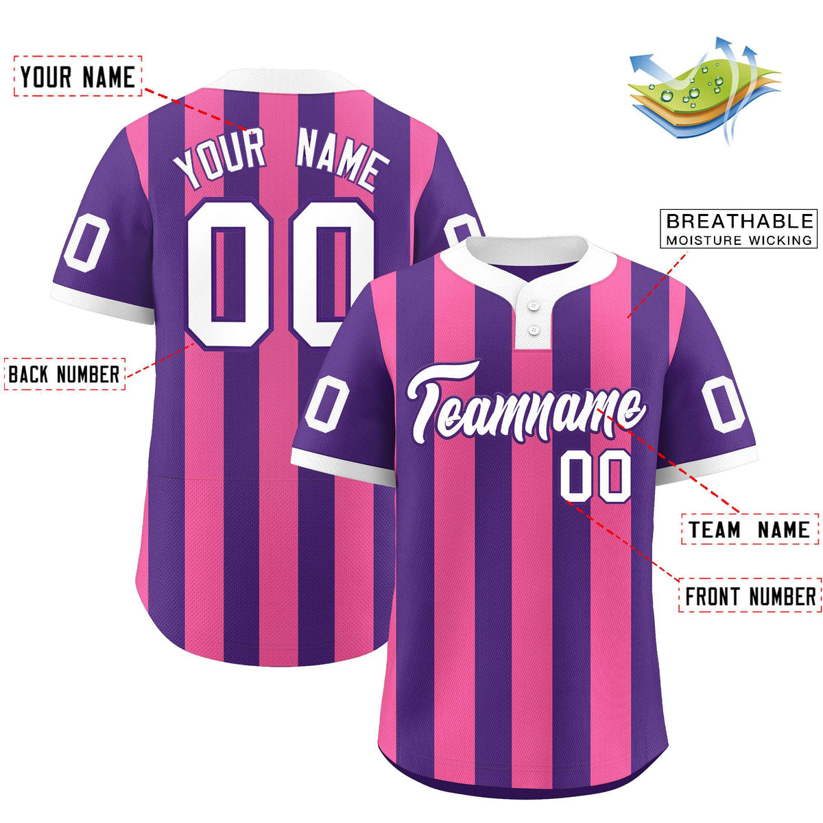 Custom Purple Pink Stripe Fashion Authentic Two-Button Softball Jersey