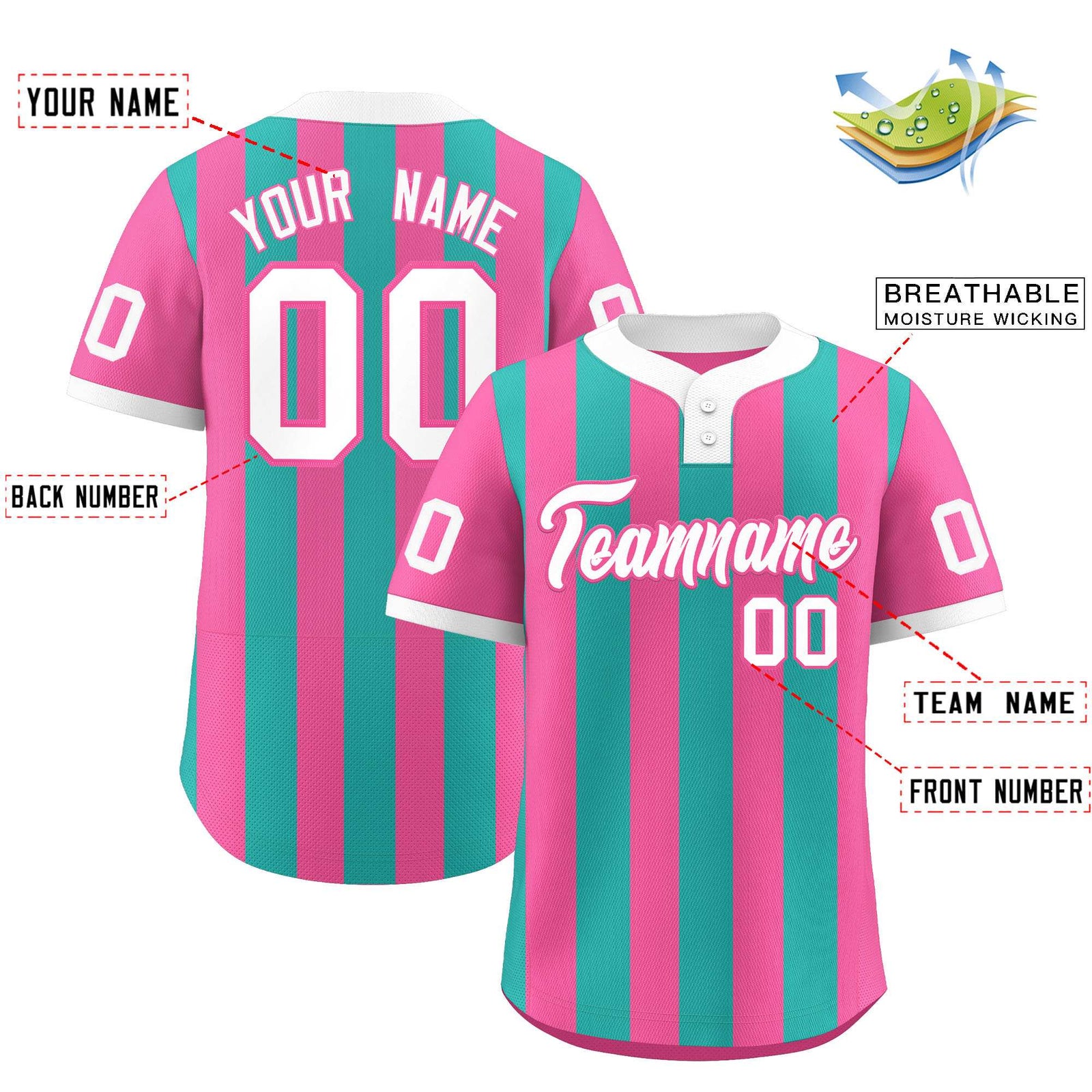 Custom Pink Aqua Stripe Fashion Authentic Two-Button Softball Jersey