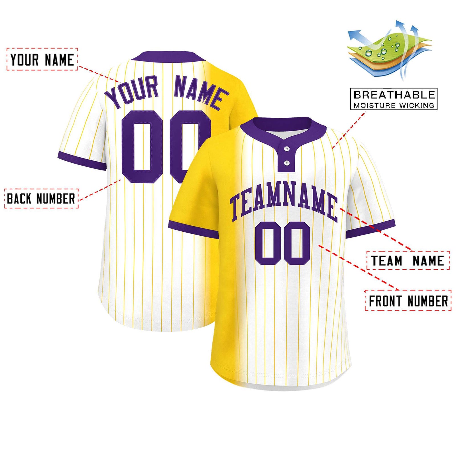 Custom Gold White-Purple Gradient Stripe Fashion Authentic Two-Button Softball Jersey