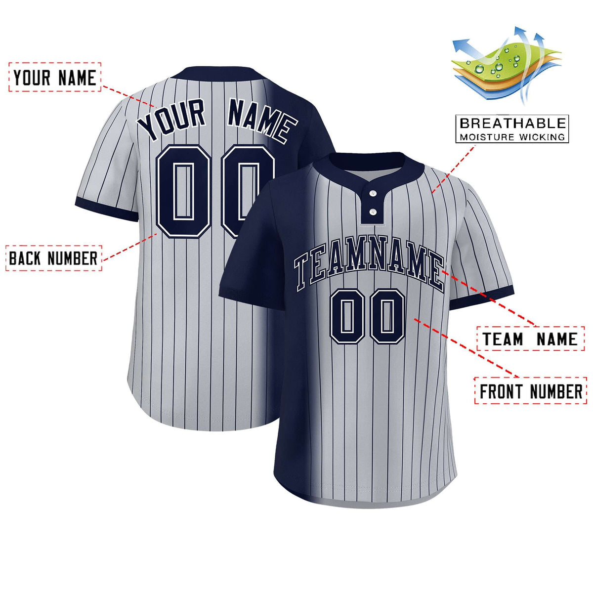Custom Navy Gray Gradient Stripe Fashion Authentic Two-Button Softball Jersey