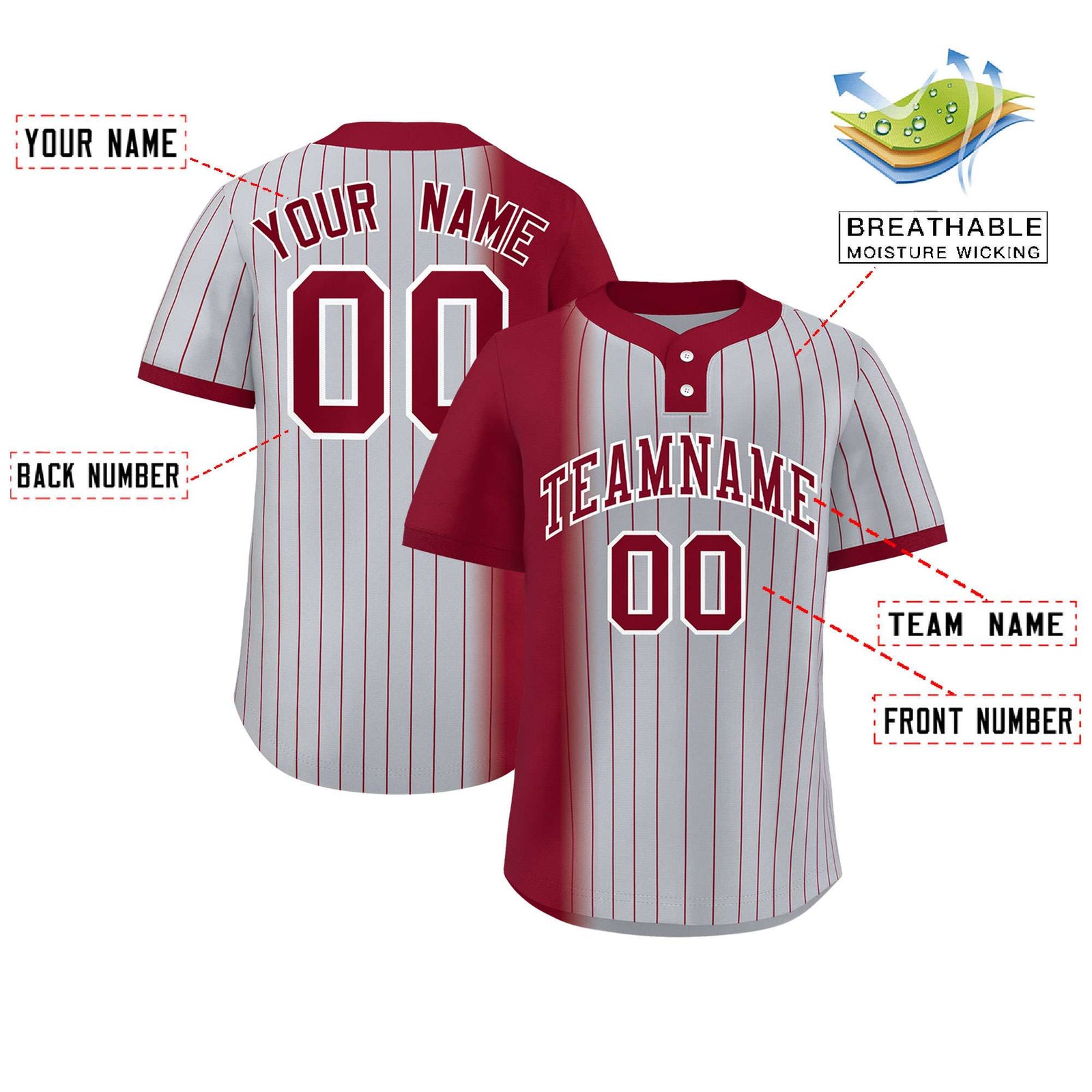 Custom Crimson Gray Gradient Stripe Fashion Authentic Two-Button Softball Jersey