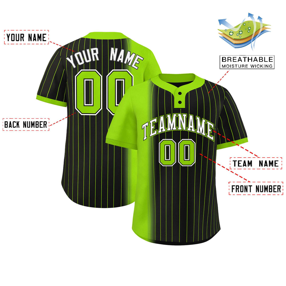 Custom Neon Green Black Gradient Stripe Fashion Authentic Two-Button Softball Jersey