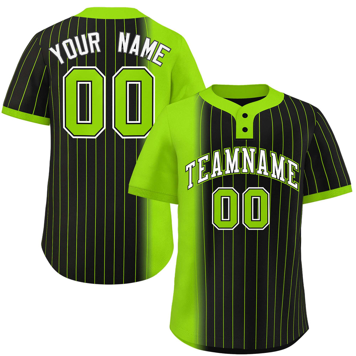Custom Neon Green Black Gradient Stripe Fashion Authentic Two-Button Softball Jersey