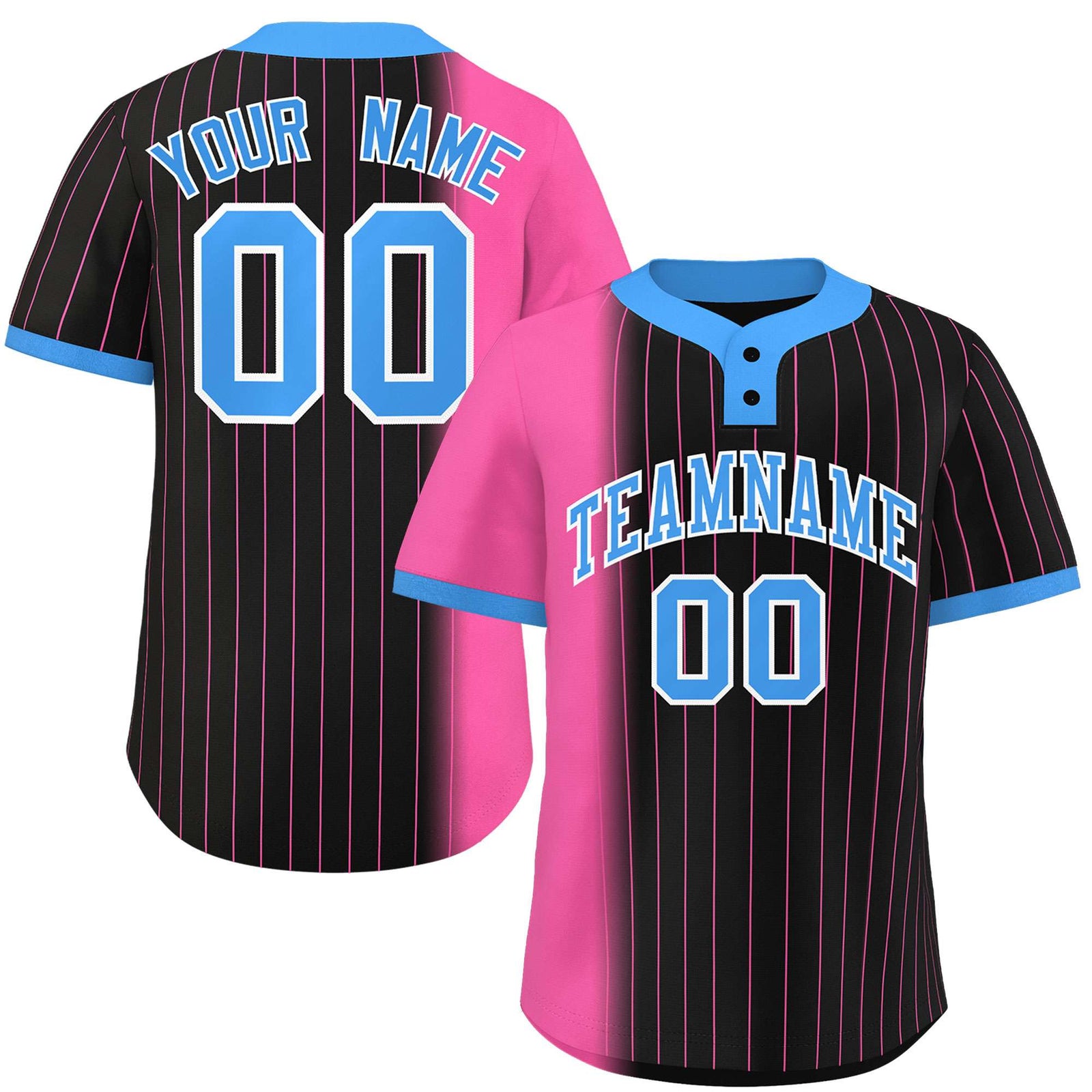 Custom Pink Black-Powder Blue Gradient Stripe Fashion Authentic Two-Button Softball Jersey