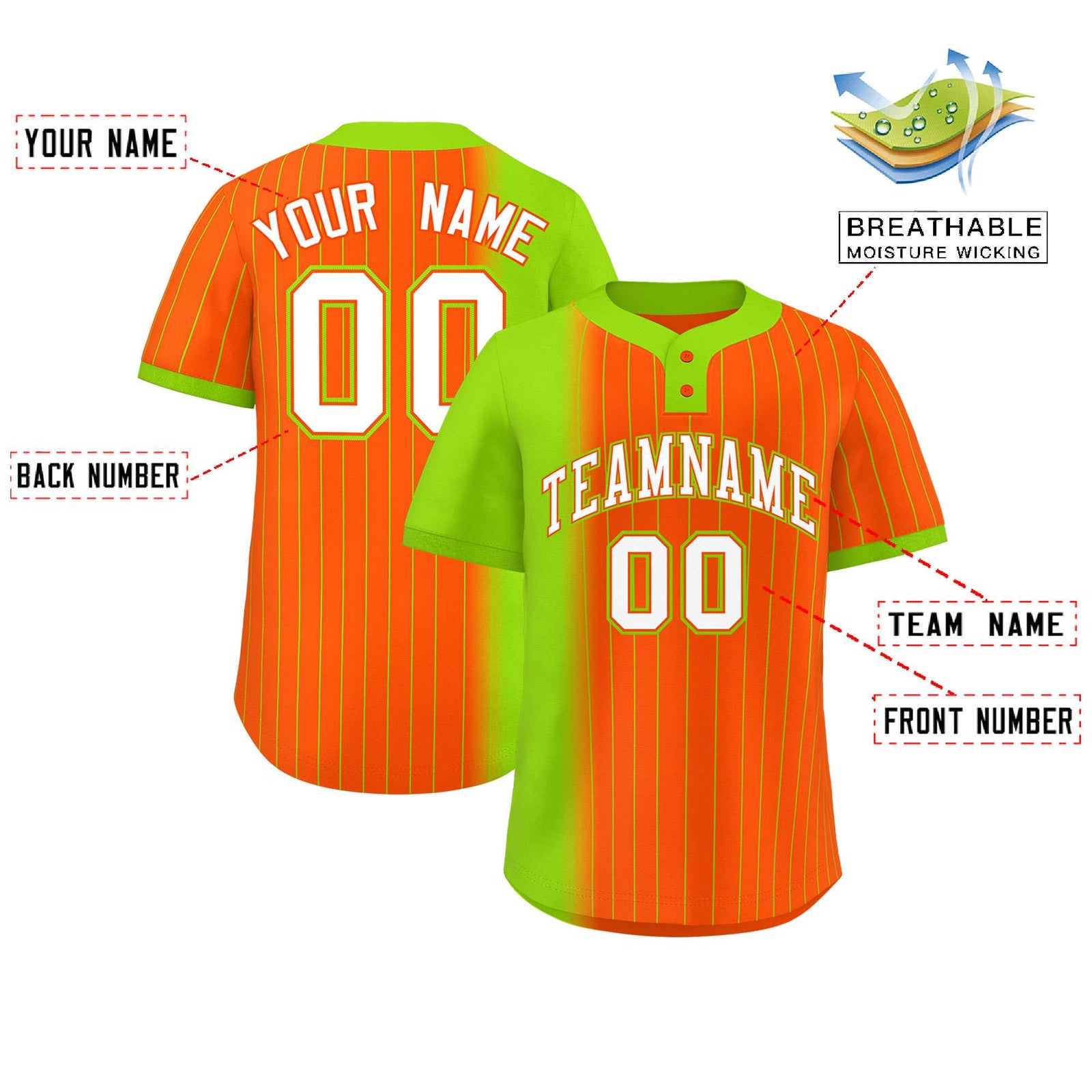 Custom Neon Green Orange Gradient Stripe Fashion Authentic Two-Button Softball Jersey