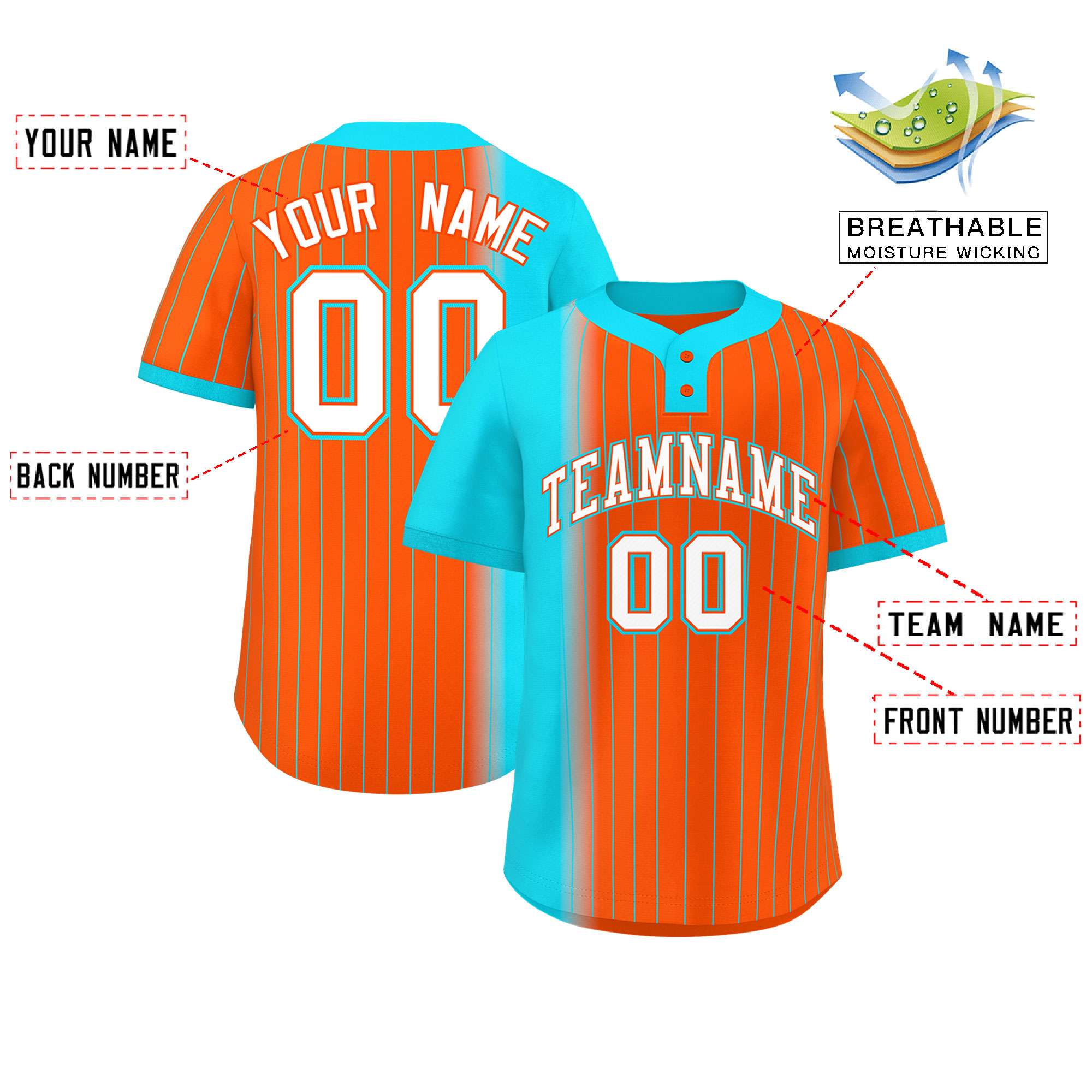Custom Sky Blue Orange Gradient Stripe Fashion Authentic Two-Button Softball Jersey