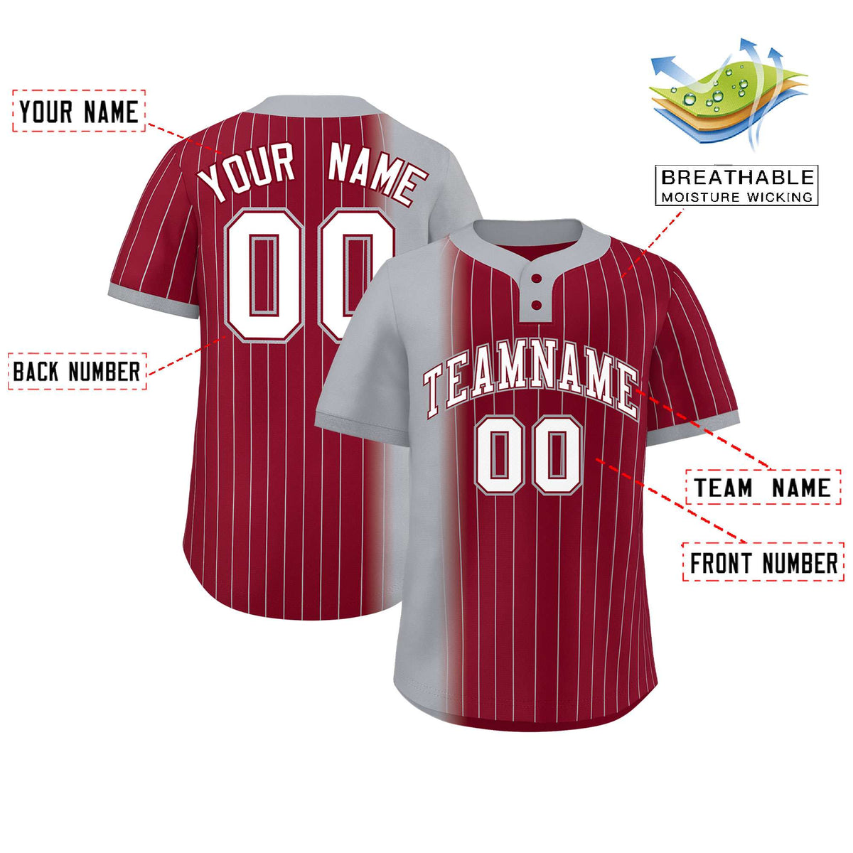 Custom Gray Crimson Gradient Stripe Fashion Authentic Two-Button Softball Jersey