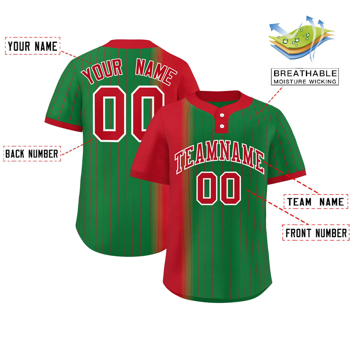 Custom Red Kelly Green Gradient Stripe Fashion Authentic Two-Button Softball Jersey
