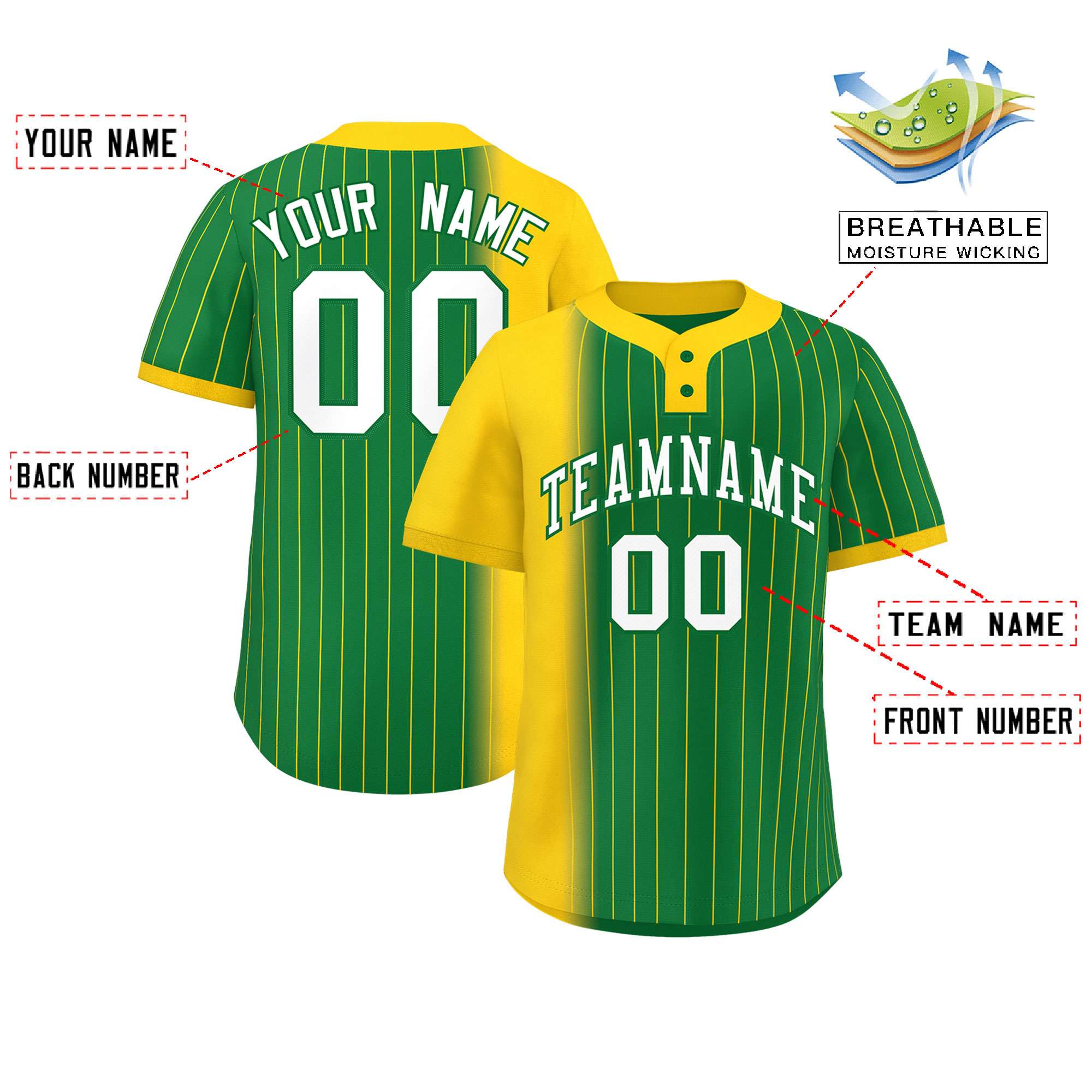 Custom Gold Kelly Green Gradient Stripe Fashion Authentic Two-Button Softball Jersey
