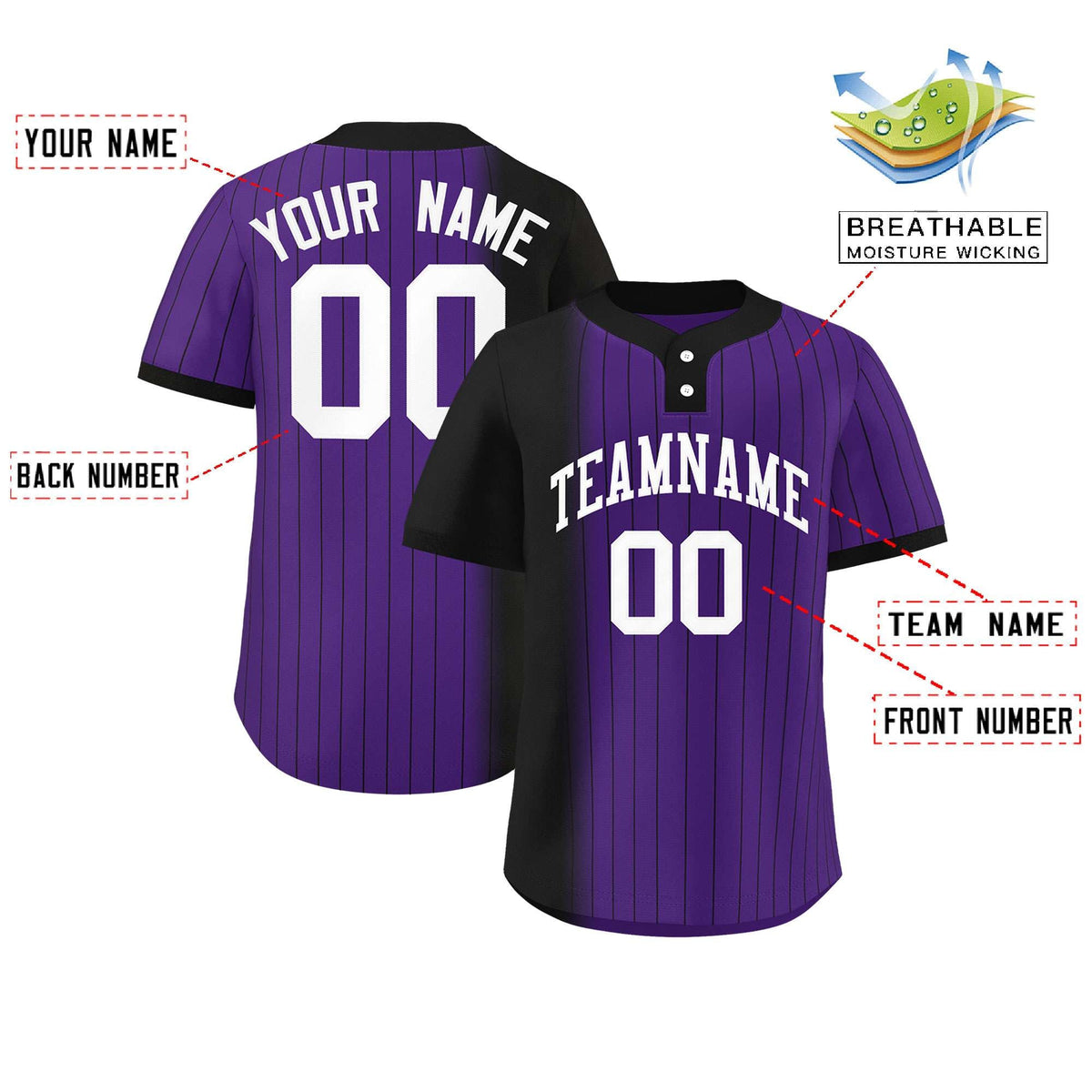 Custom Black Purple Gradient Stripe Fashion Authentic Two-Button Softball Jersey