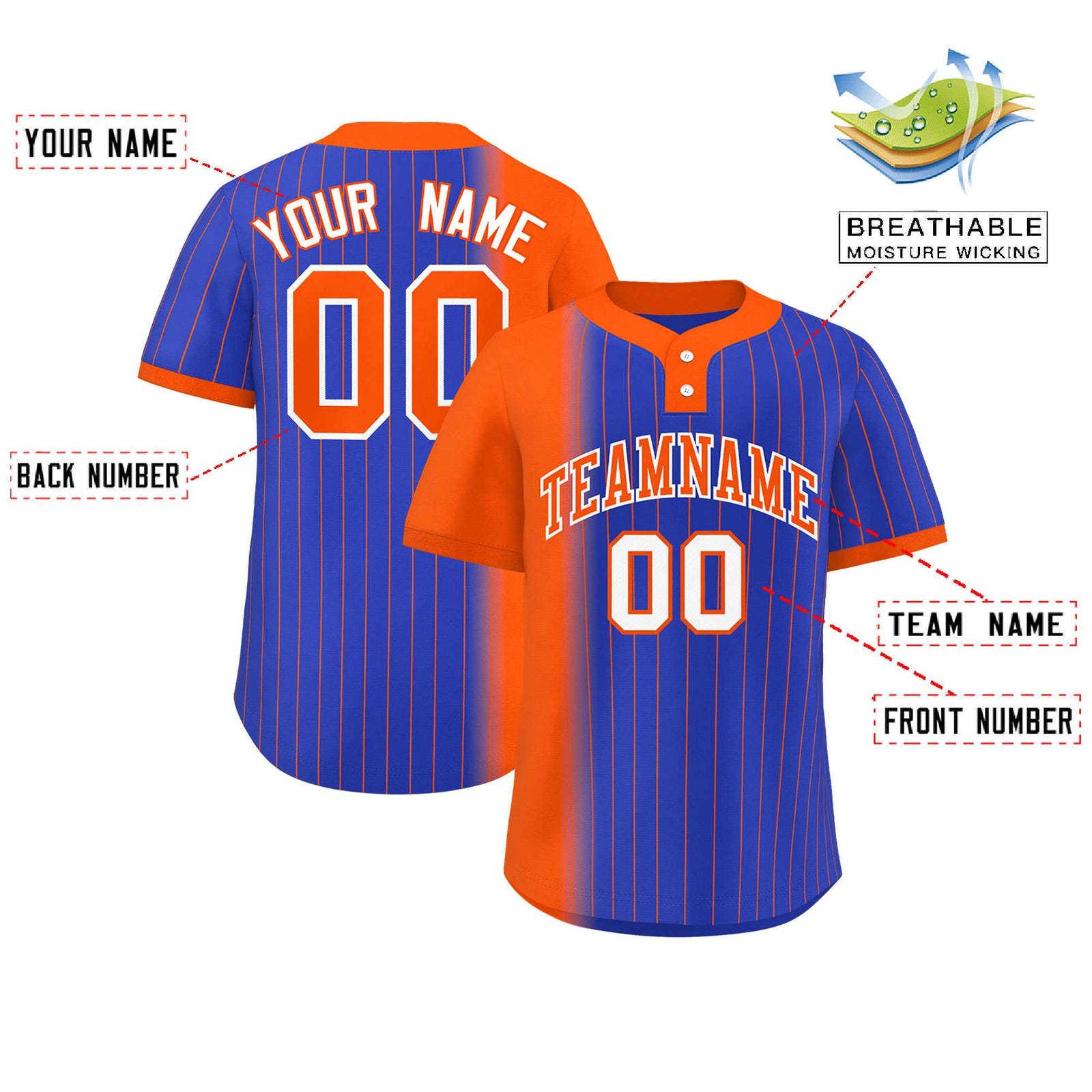 Custom Orange Royal Gradient Stripe Fashion Authentic Two-Button Softball Jersey