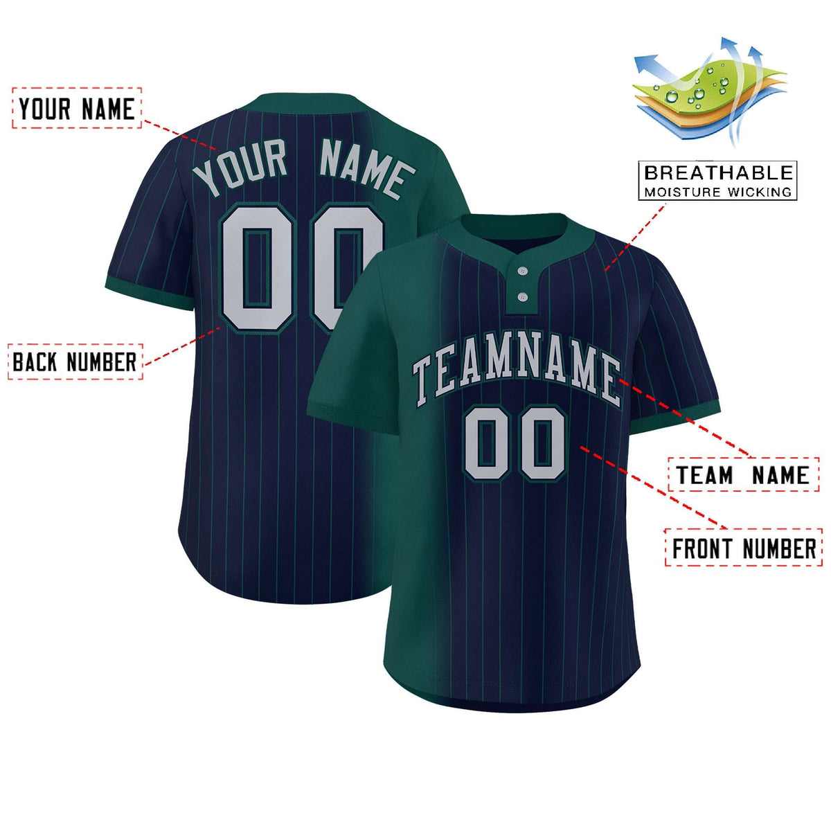 Custom Midnight Green Navy Gradient Stripe Fashion Authentic Two-Button Softball Jersey