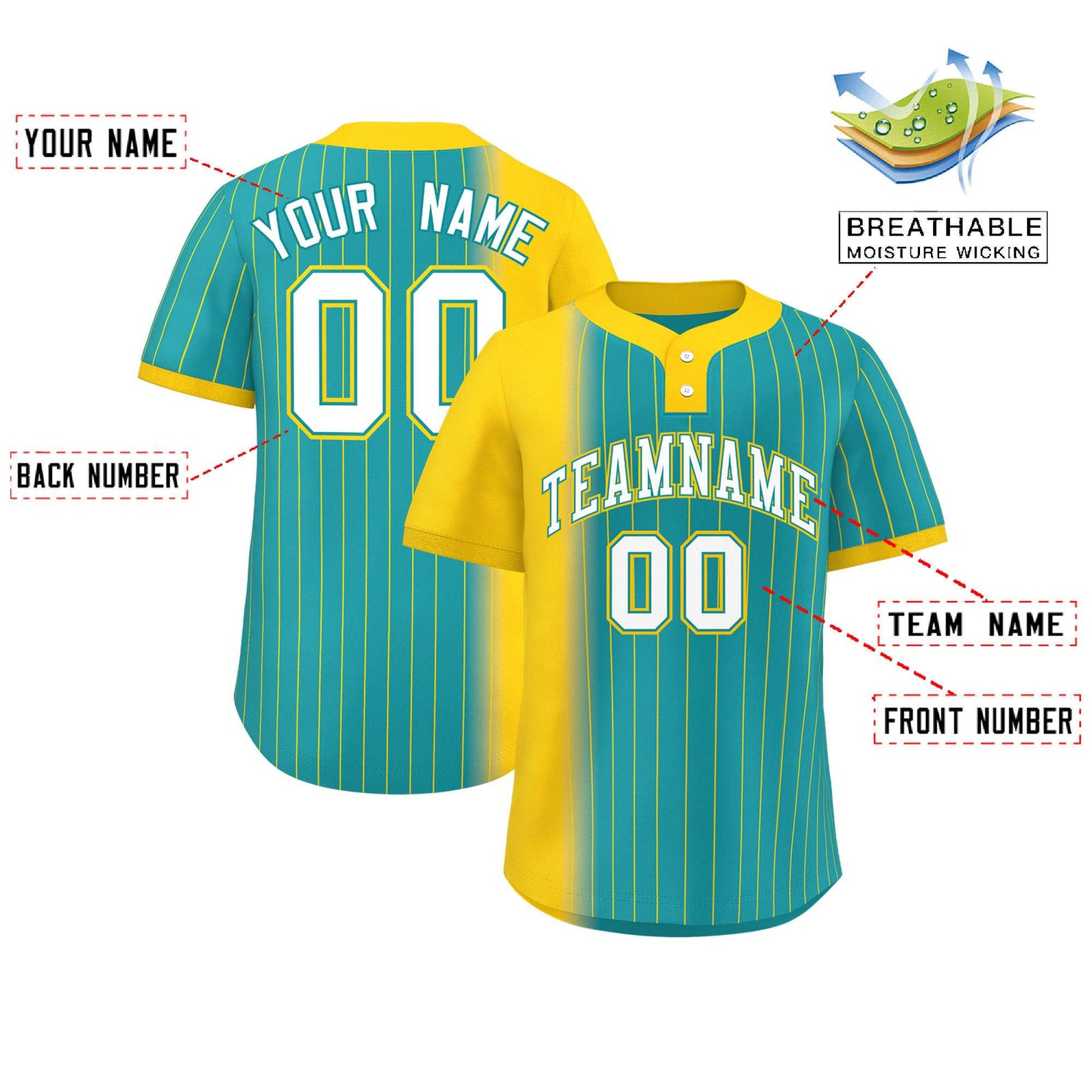 Custom Gold Aqua Gradient Stripe Fashion Authentic Two-Button Softball Jersey