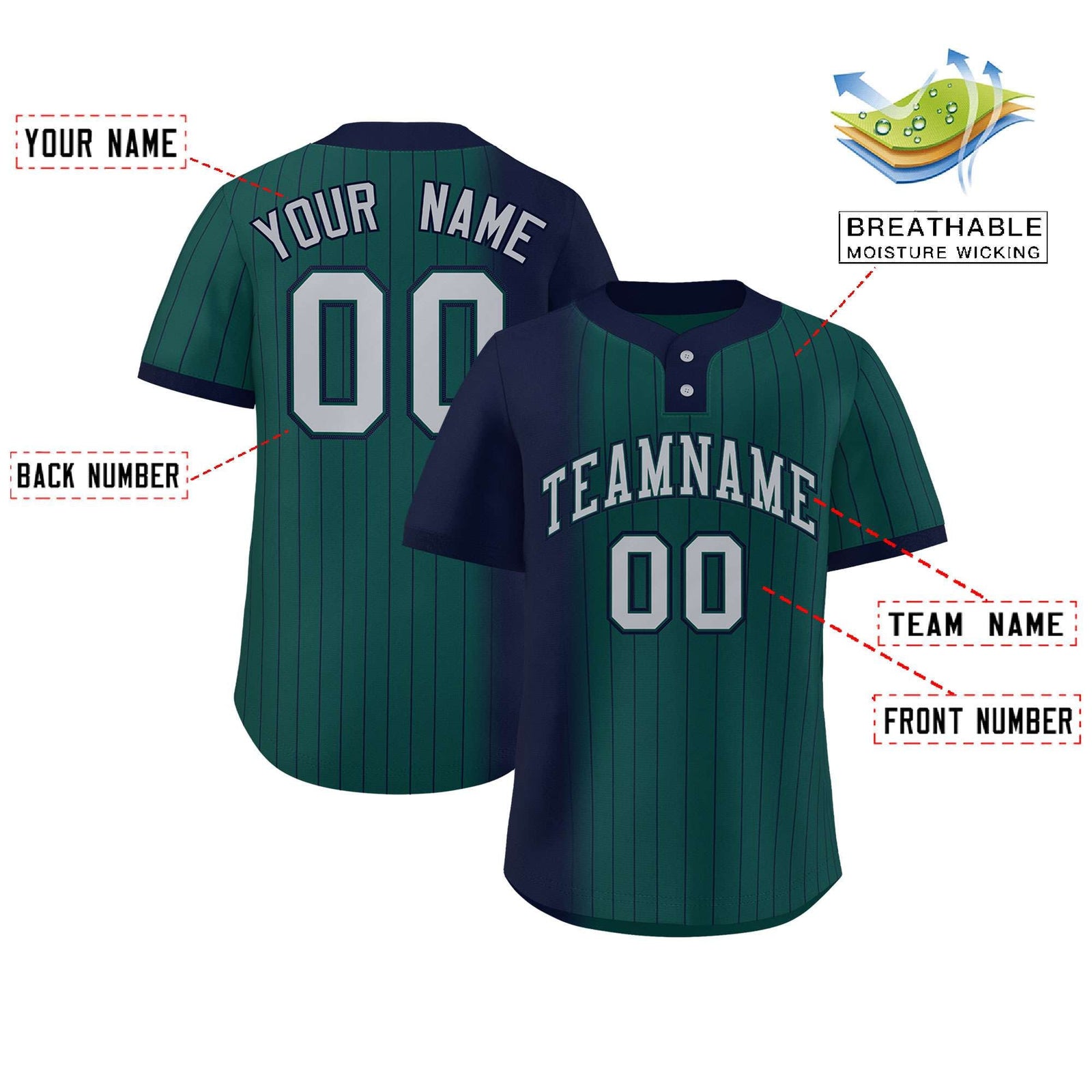 Custom Navy Midnight Green Gradient Stripe Fashion Authentic Two-Button Softball Jersey