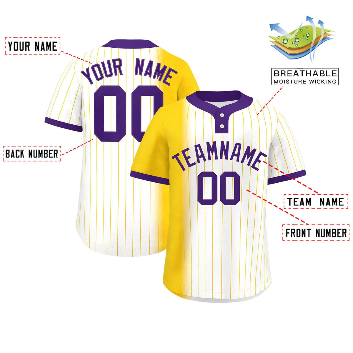 Custom Gold White-Purple Gradient Stripe Fashion Authentic Two-Button Softball Jersey