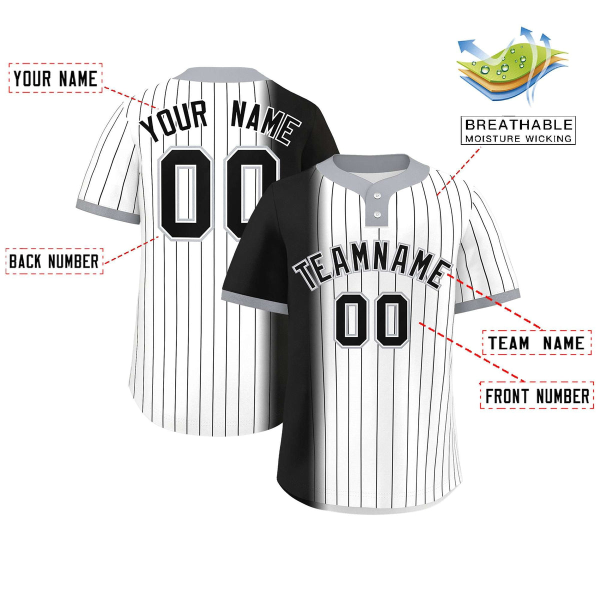 Custom Black White-Gray Gradient Stripe Fashion Authentic Two-Button Softball Jersey