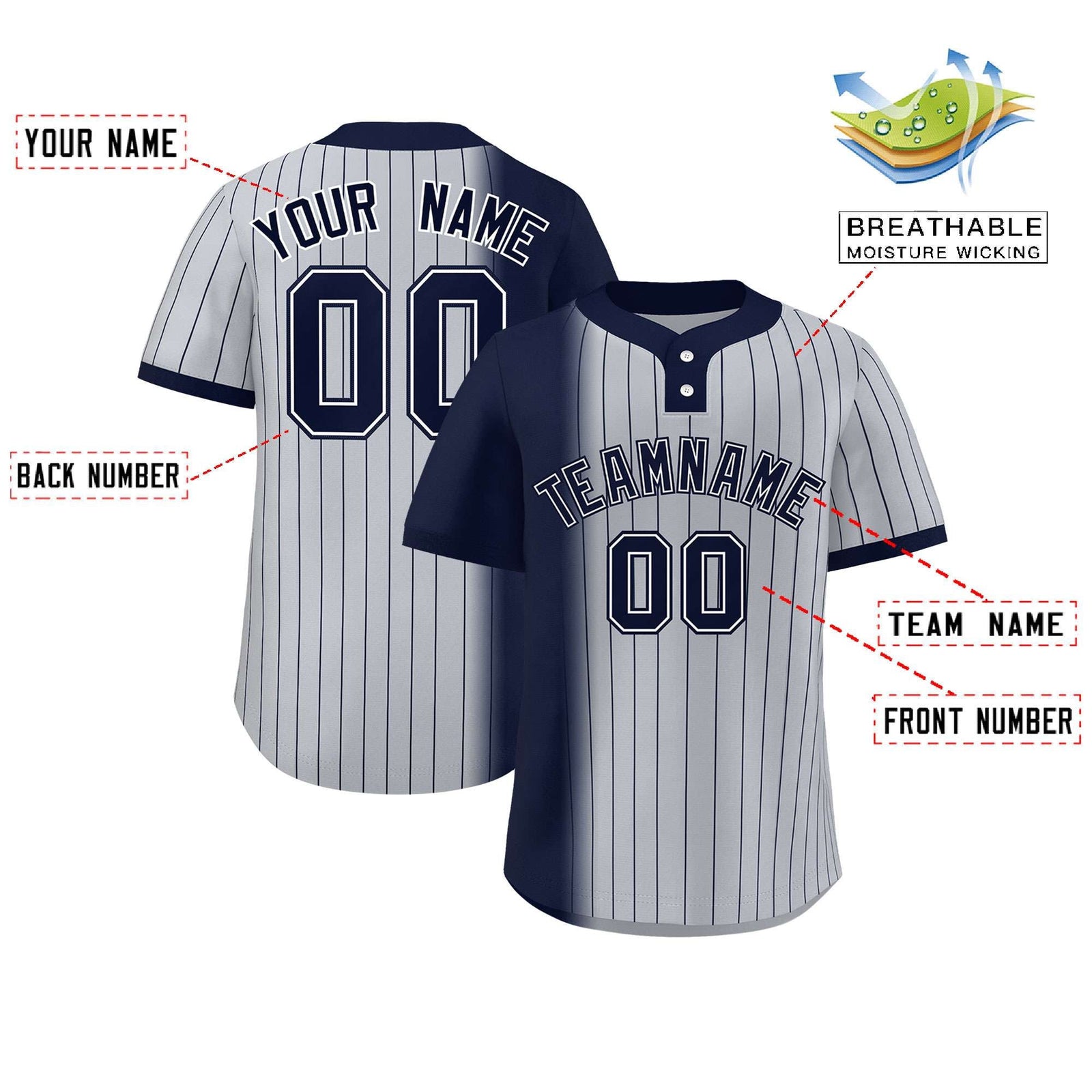 Custom Navy Gray Gradient Stripe Fashion Authentic Two-Button Softball Jersey