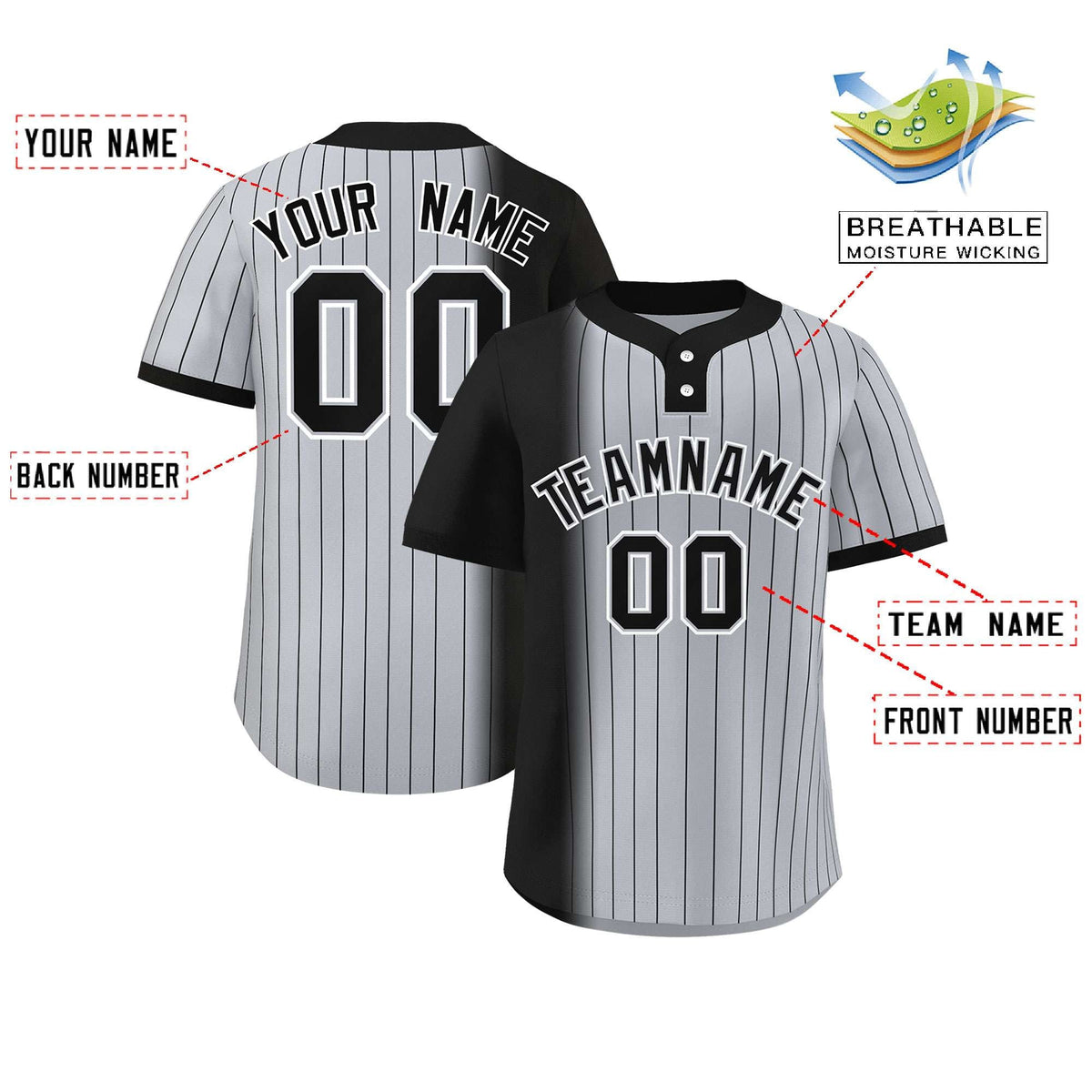 Custom Black Gray Gradient Stripe Fashion Authentic Two-Button Softball Jersey