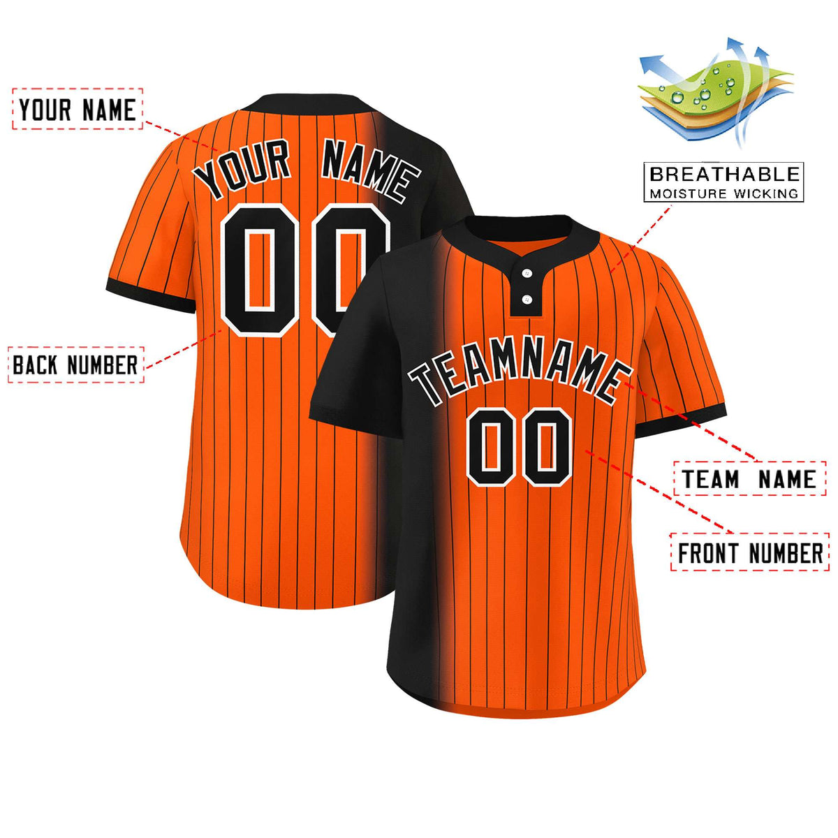 Custom Black Orange Gradient Stripe Fashion Authentic Two-Button Softball Jersey