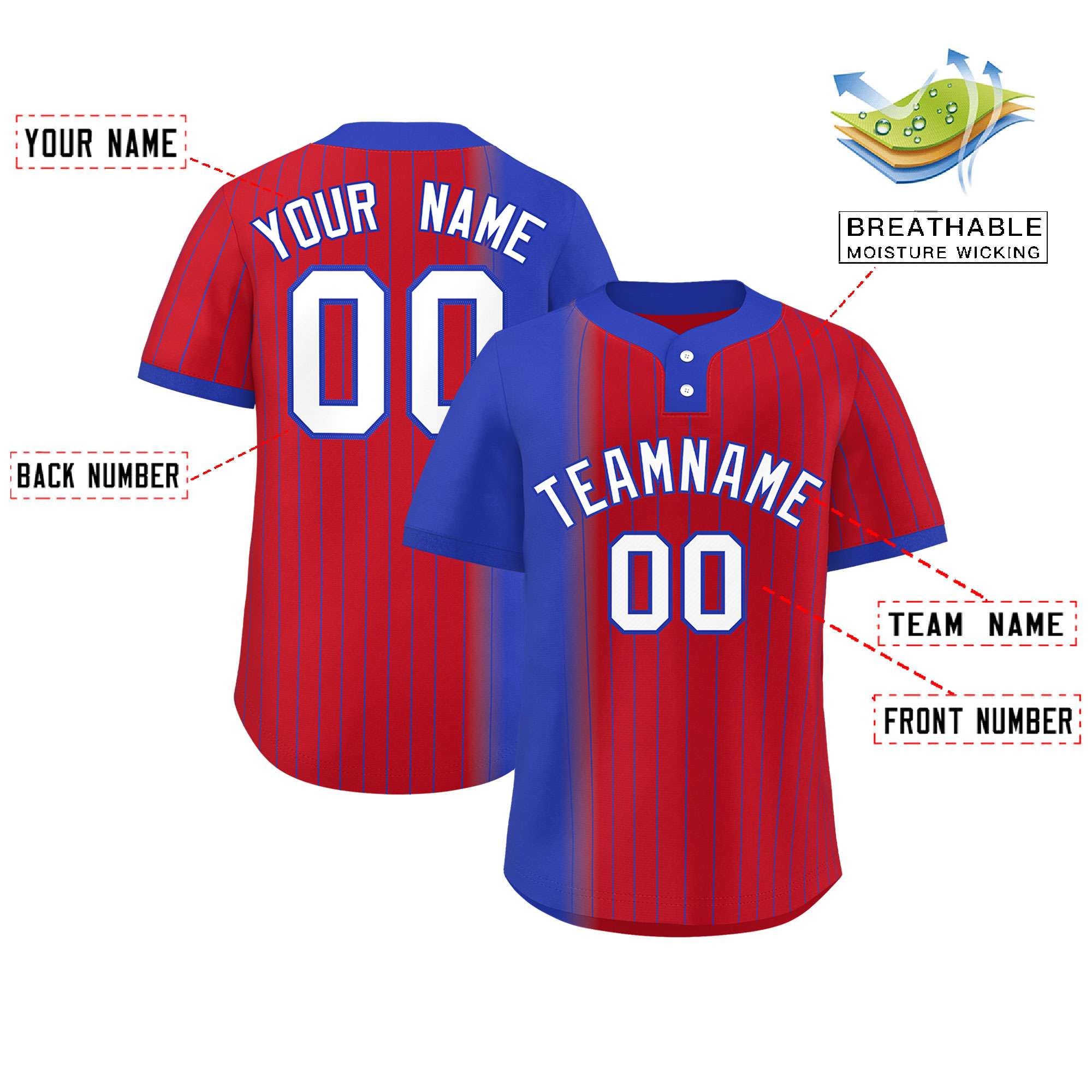 Custom Royal Red Gradient Stripe Fashion Authentic Two-Button Softball Jersey
