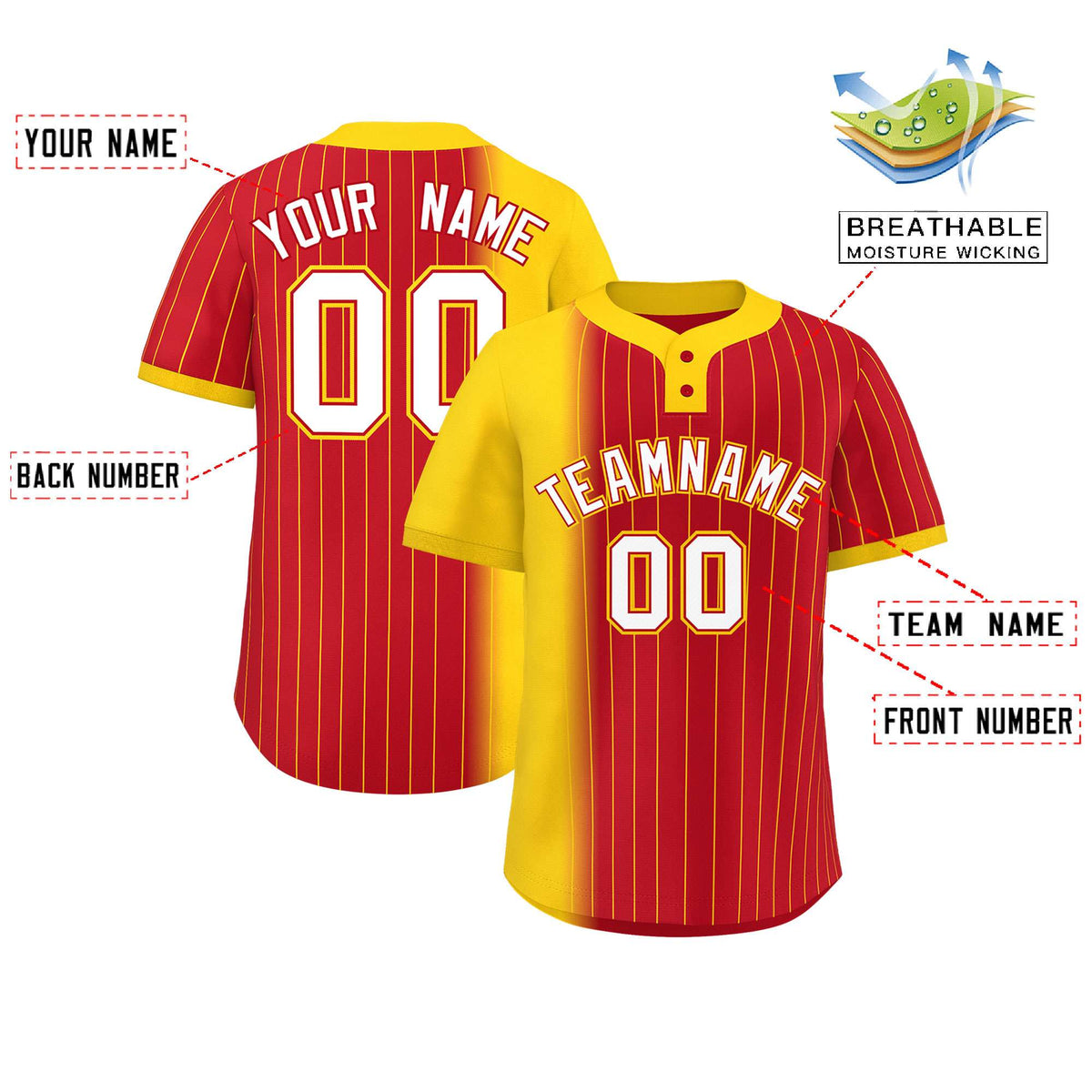Custom Gold Red Gradient Stripe Fashion Authentic Two-Button Softball Jersey