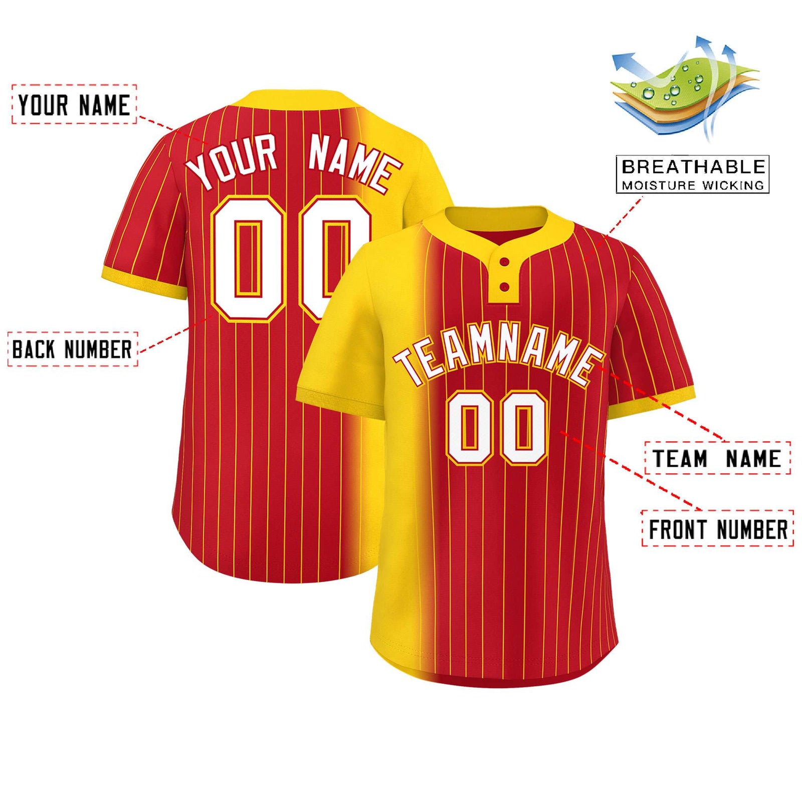 Custom Gold Red Gradient Stripe Fashion Authentic Two-Button Softball Jersey