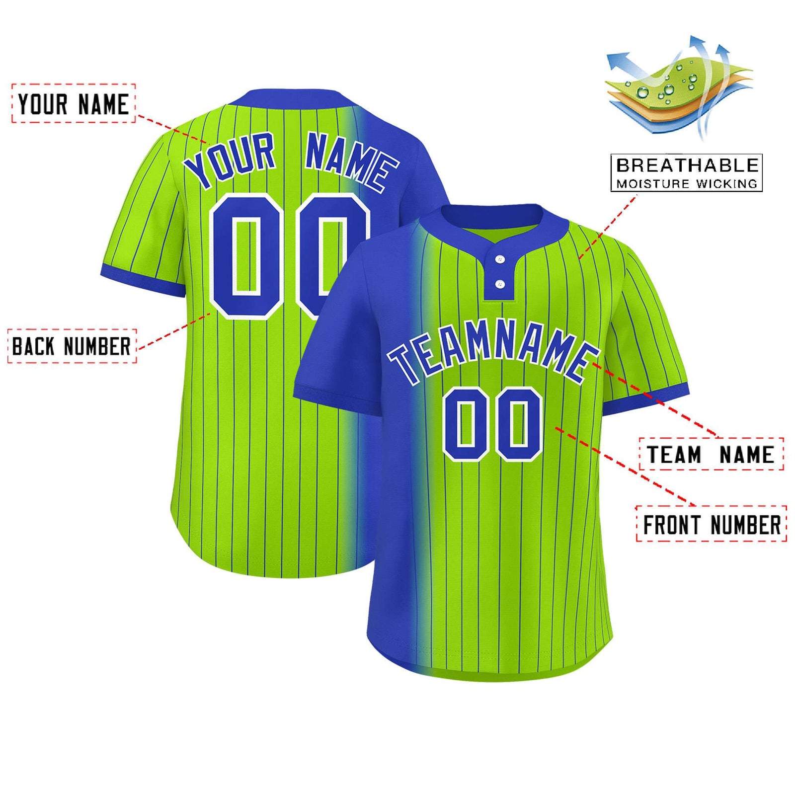 Custom Royal Neon Green Gradient Stripe Fashion Authentic Two-Button Softball Jersey