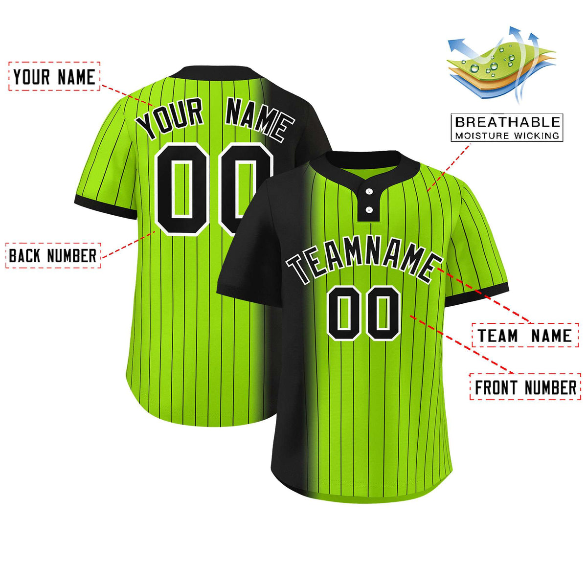 Custom Black Neon Green Gradient Stripe Fashion Authentic Two-Button Softball Jersey