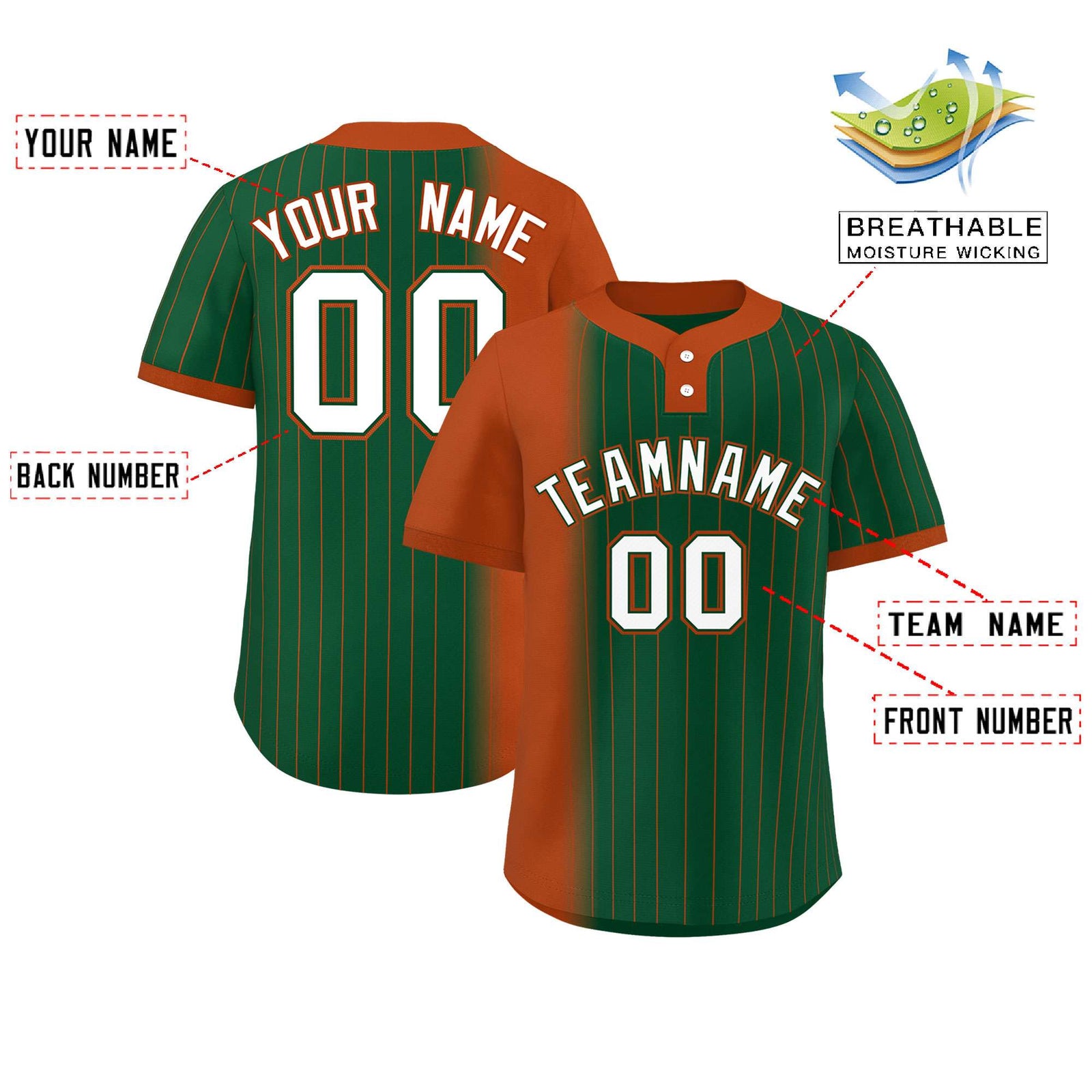 Custom Texas Orange Green Gradient Stripe Fashion Authentic Two-Button Softball Jersey