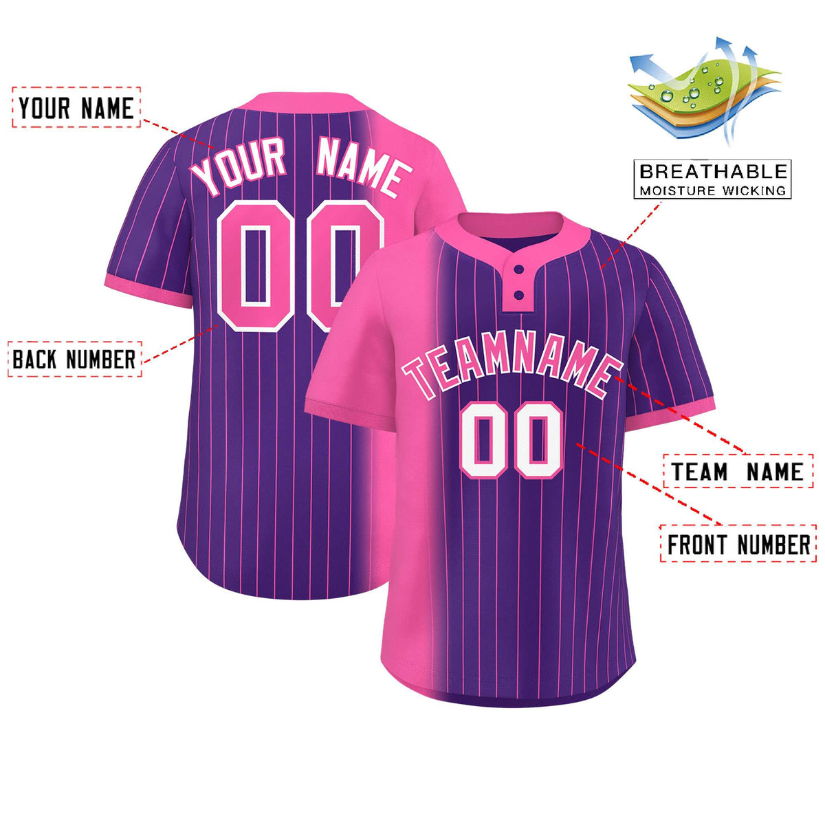 Custom Pink Purple Gradient Stripe Fashion Authentic Two-Button Softball Jersey