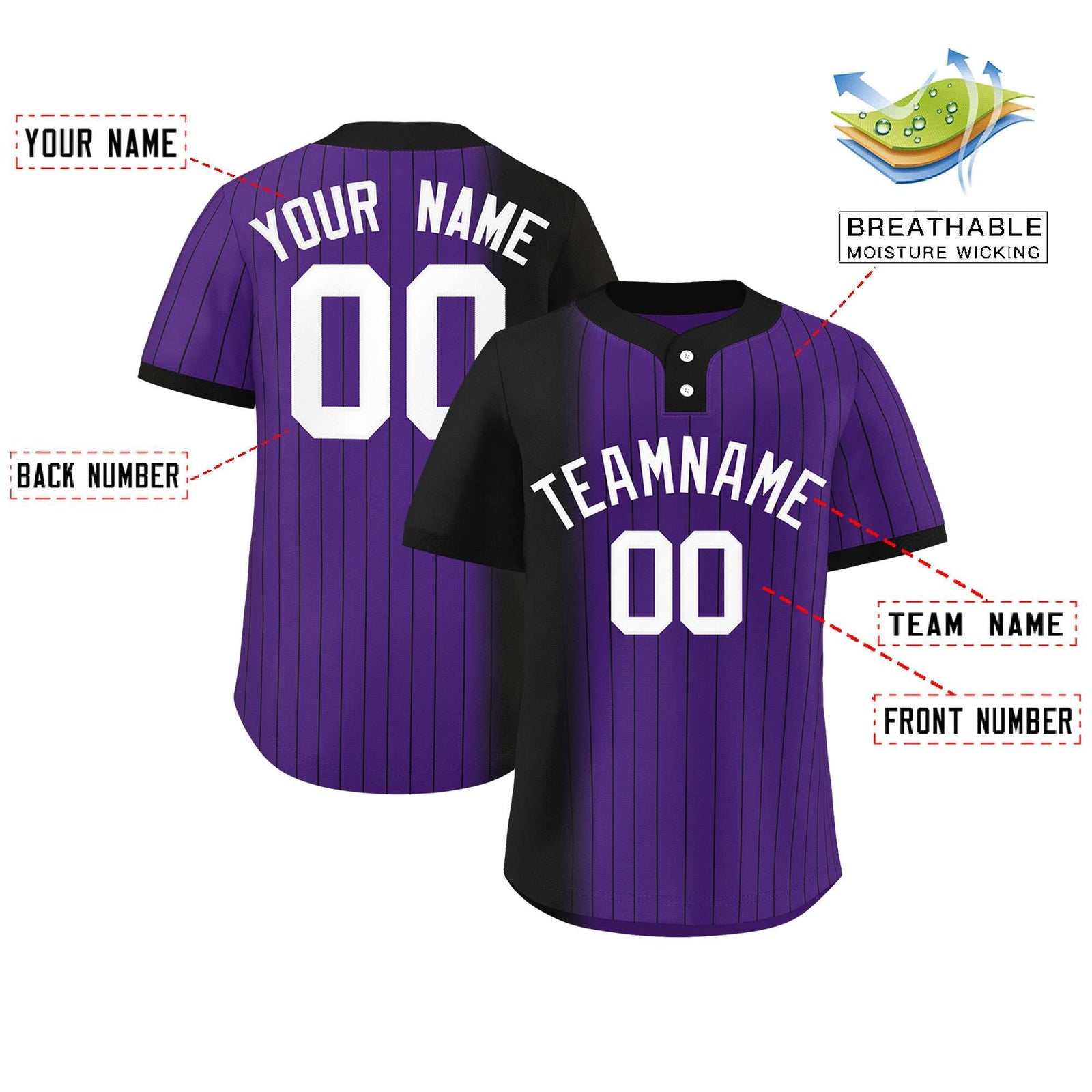 Custom Black Purple Gradient Stripe Fashion Authentic Two-Button Softball Jersey