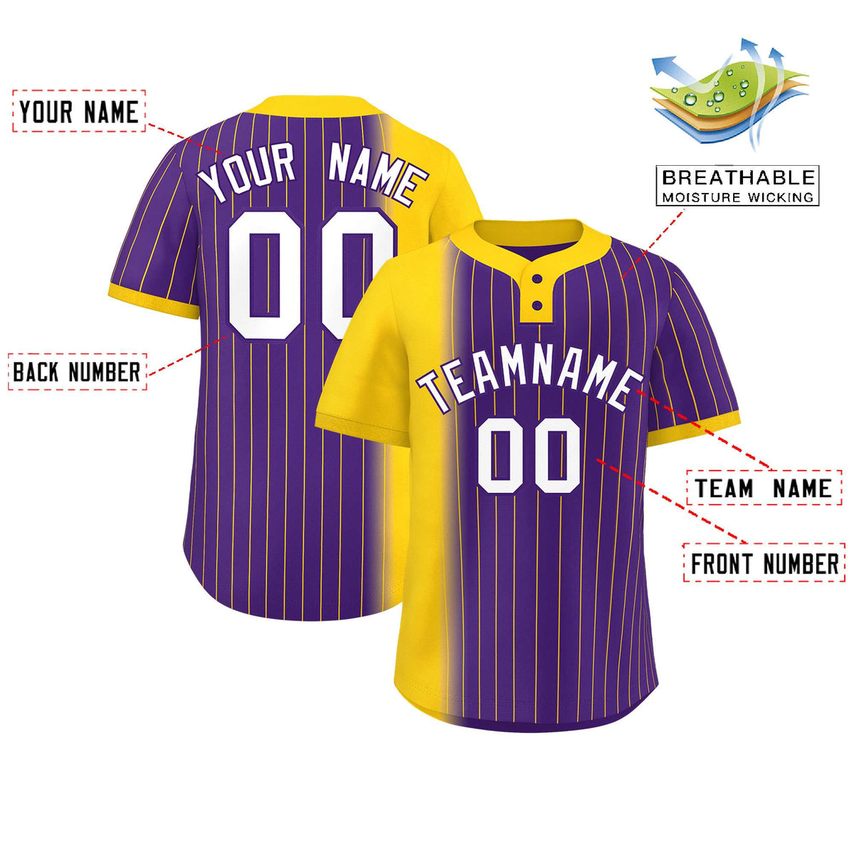 Custom Gold Purple Gradient Stripe Fashion Authentic Two-Button Softball Jersey