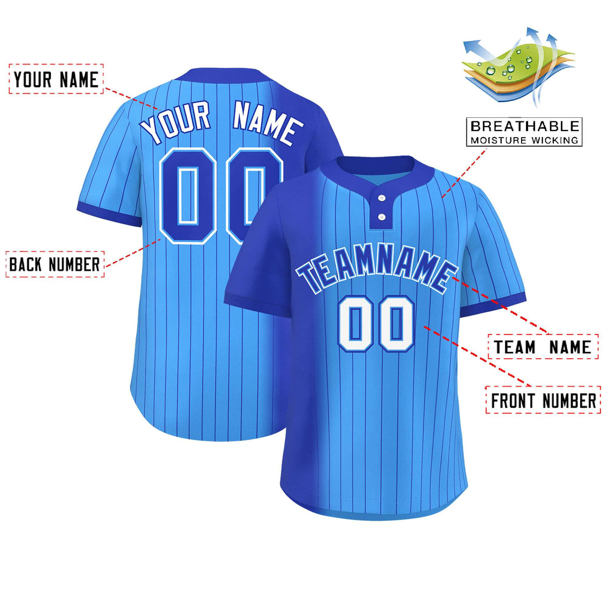Custom Royal Powder Blue Gradient Stripe Fashion Authentic Two-Button Softball Jersey