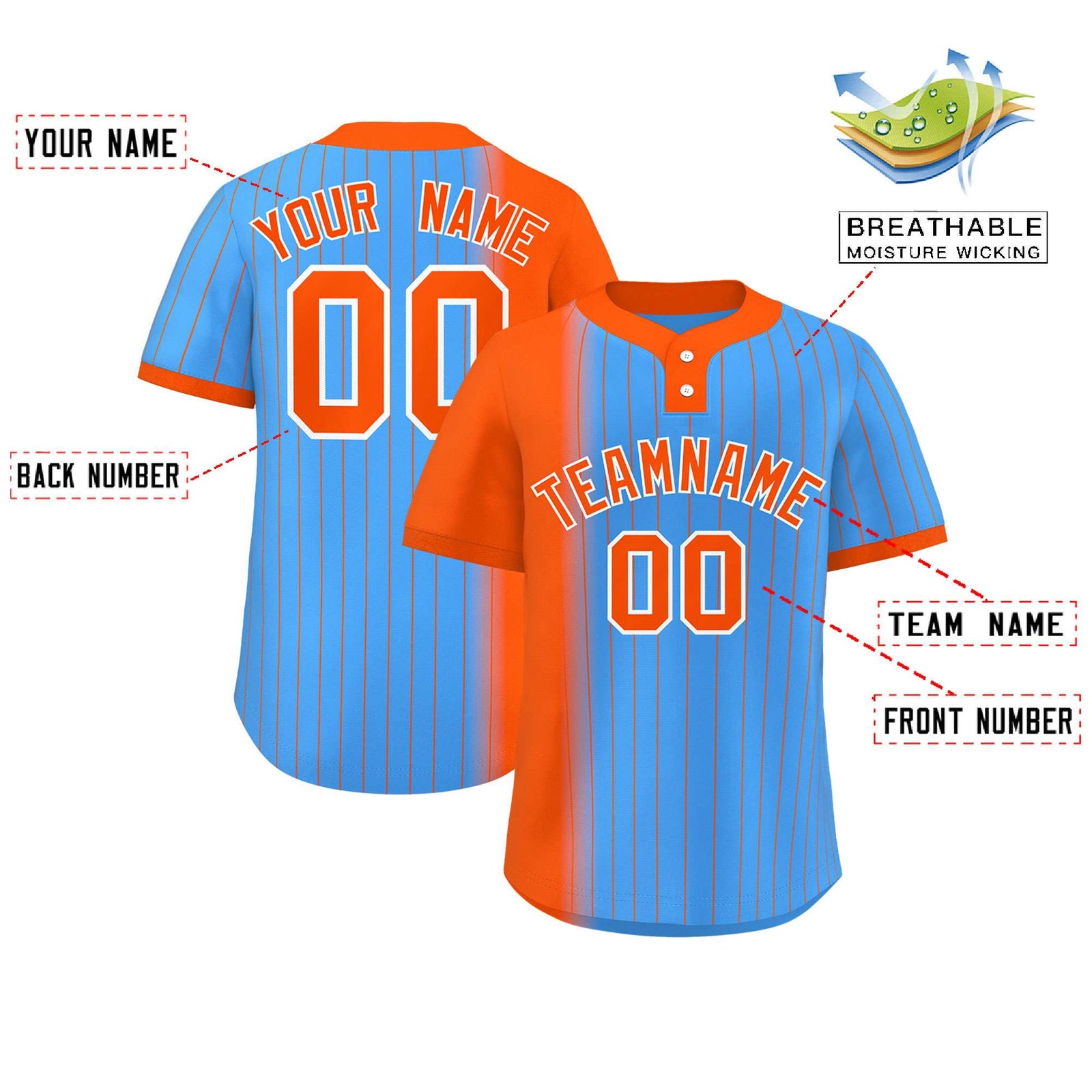 Custom Orange Powder Blue Gradient Stripe Fashion Authentic Two-Button Softball Jersey