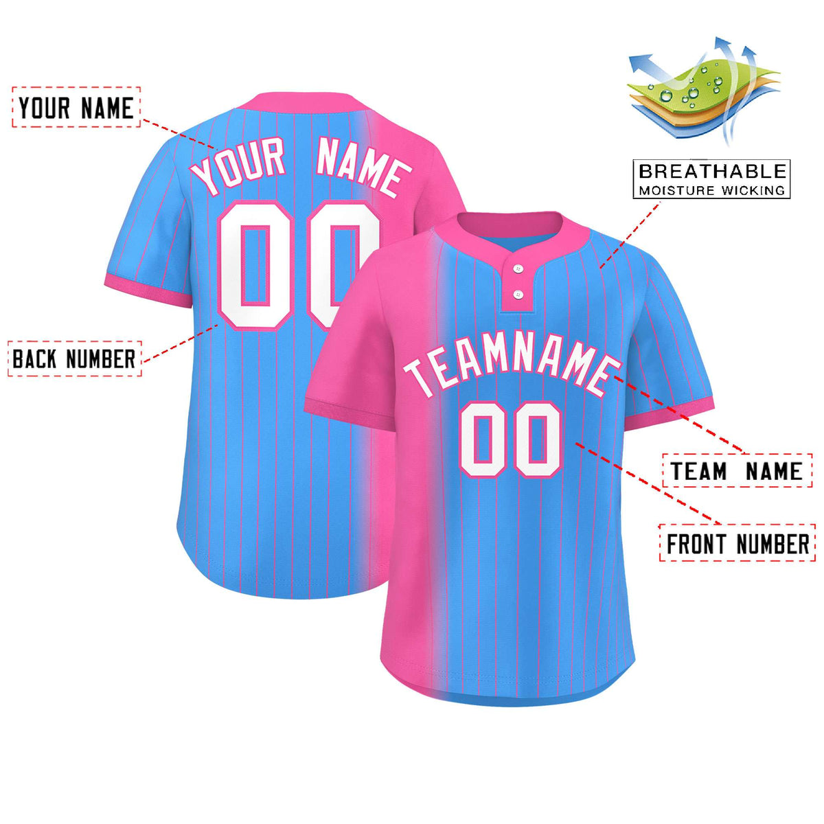 Custom Pink Powder Blue Gradient Stripe Fashion Authentic Two-Button Softball Jersey