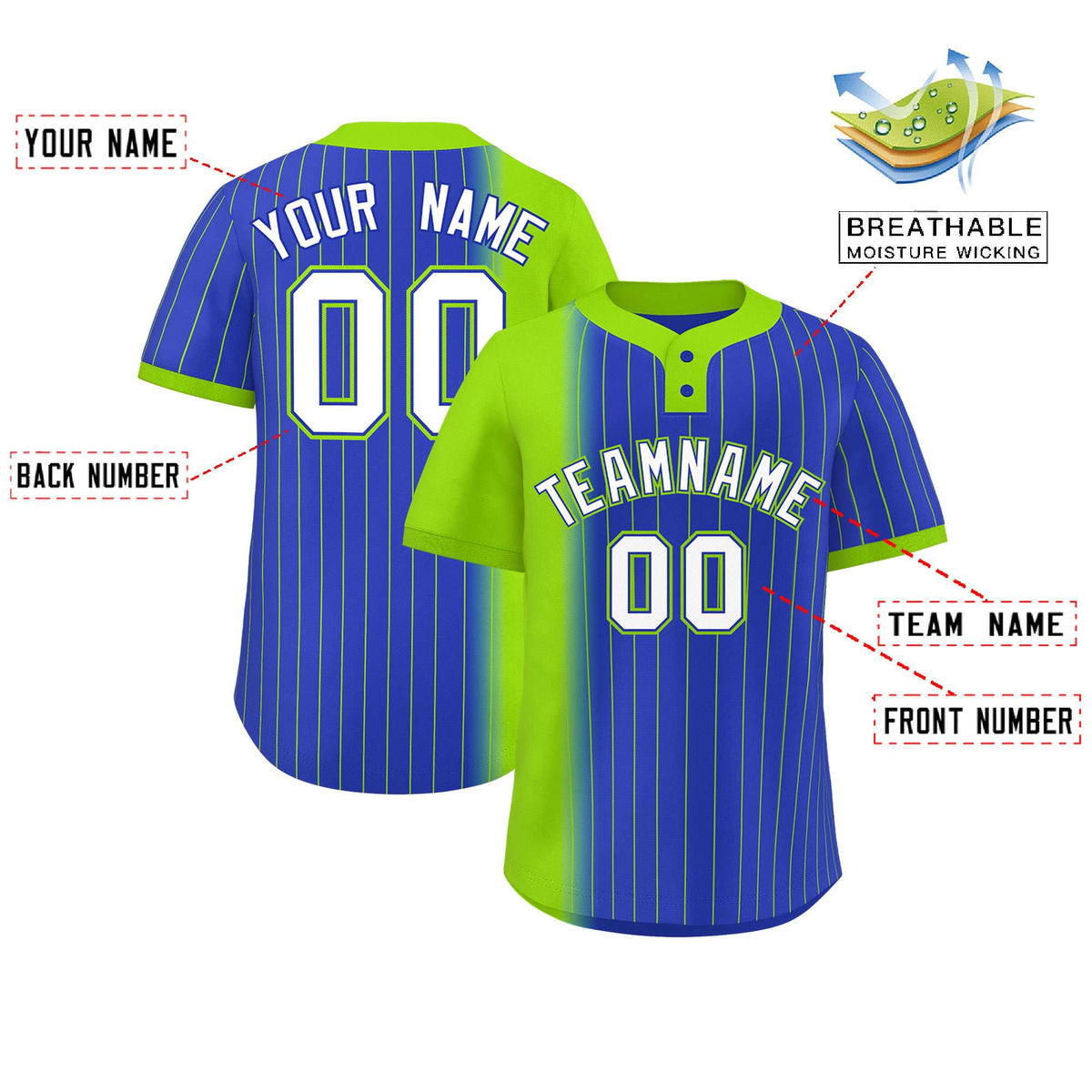 Custom Neon Green Royal Gradient Stripe Fashion Authentic Two-Button Softball Jersey