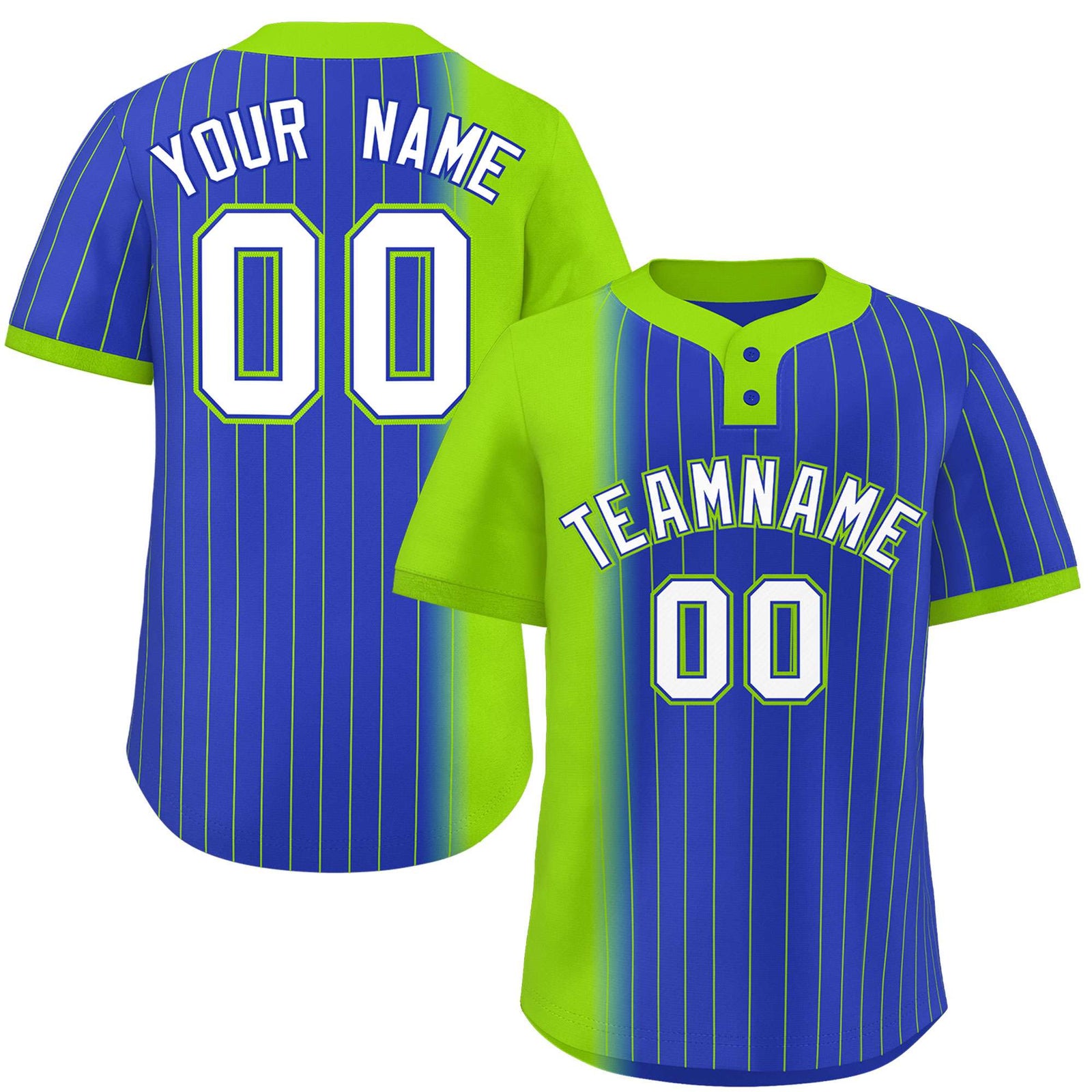 Custom Neon Green Royal Gradient Stripe Fashion Authentic Two-Button Softball Jersey