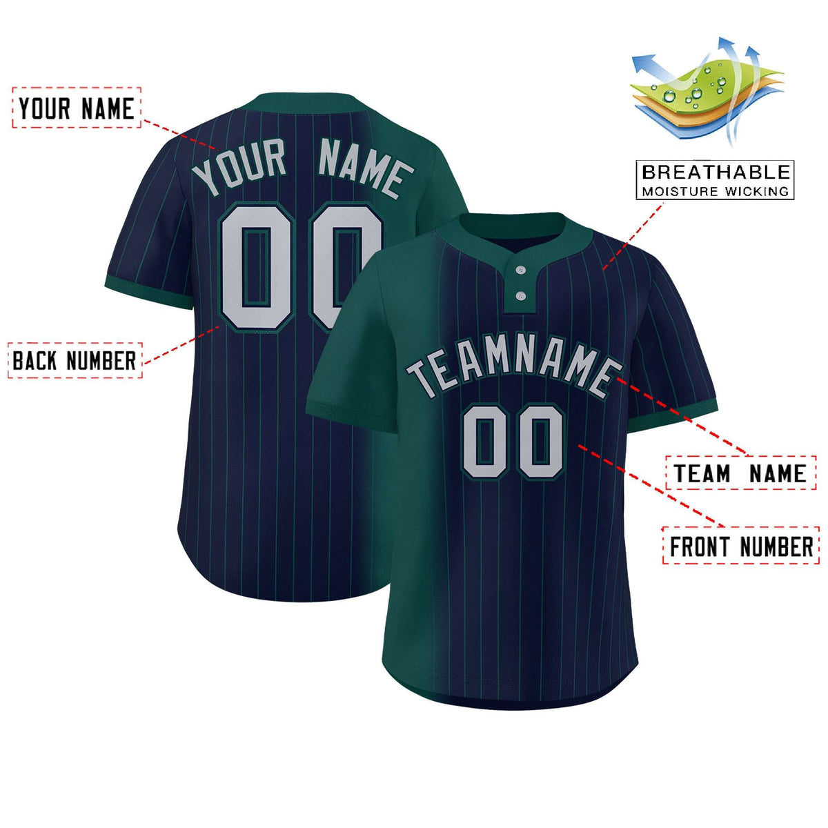 Custom Midnight Green Navy Gradient Stripe Fashion Authentic Two-Button Softball Jersey