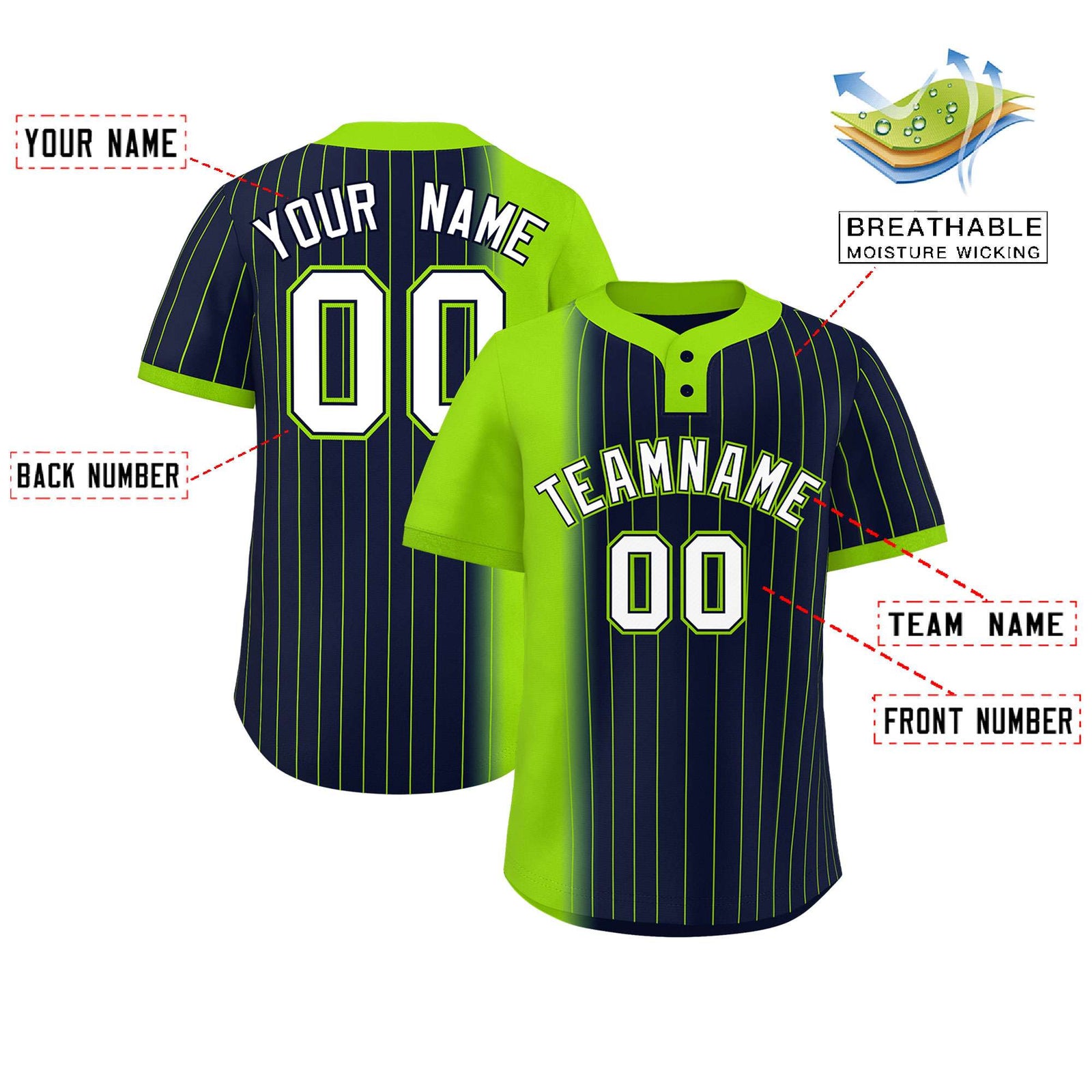 Custom Neon Green Navy Gradient Stripe Fashion Authentic Two-Button Softball Jersey