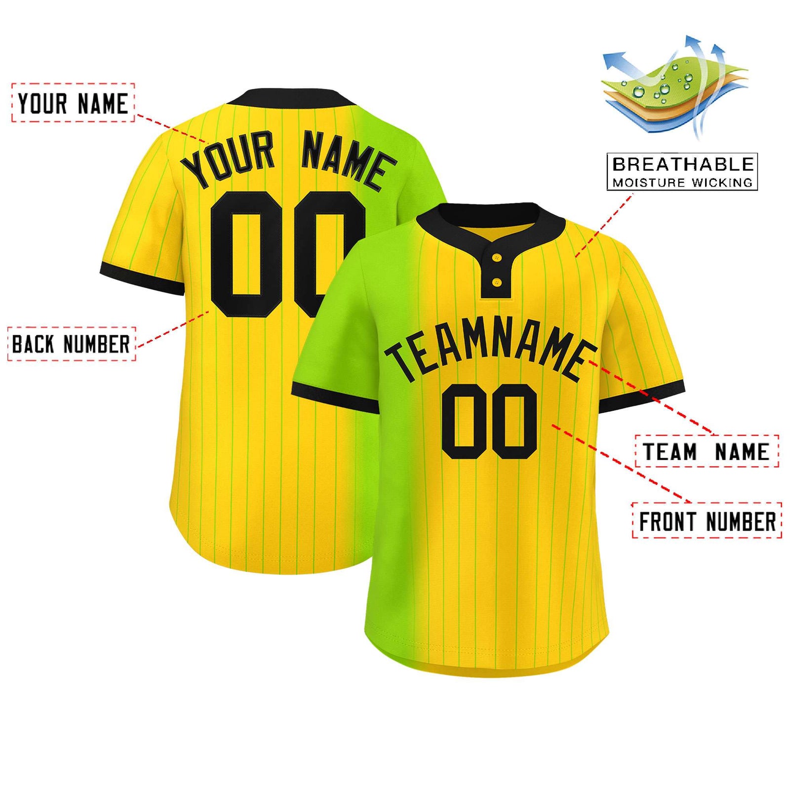 Custom Neon Green Gold Gradient Stripe Fashion Authentic Two-Button Softball Jersey