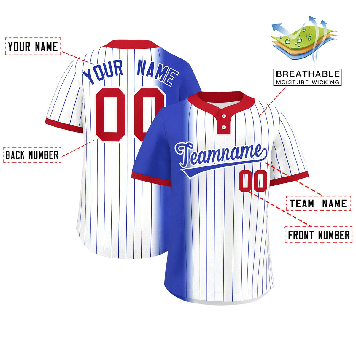 Custom Royal White-Red Gradient Stripe Fashion Authentic Two-Button Softball Jersey