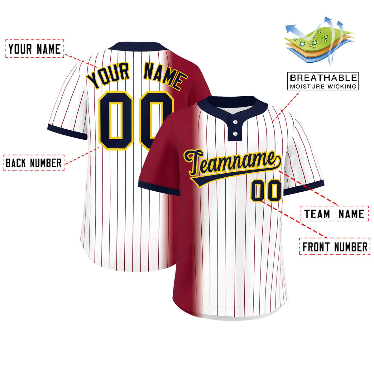 Custom Crimson White-Navy Gradient Stripe Fashion Authentic Two-Button Softball Jersey