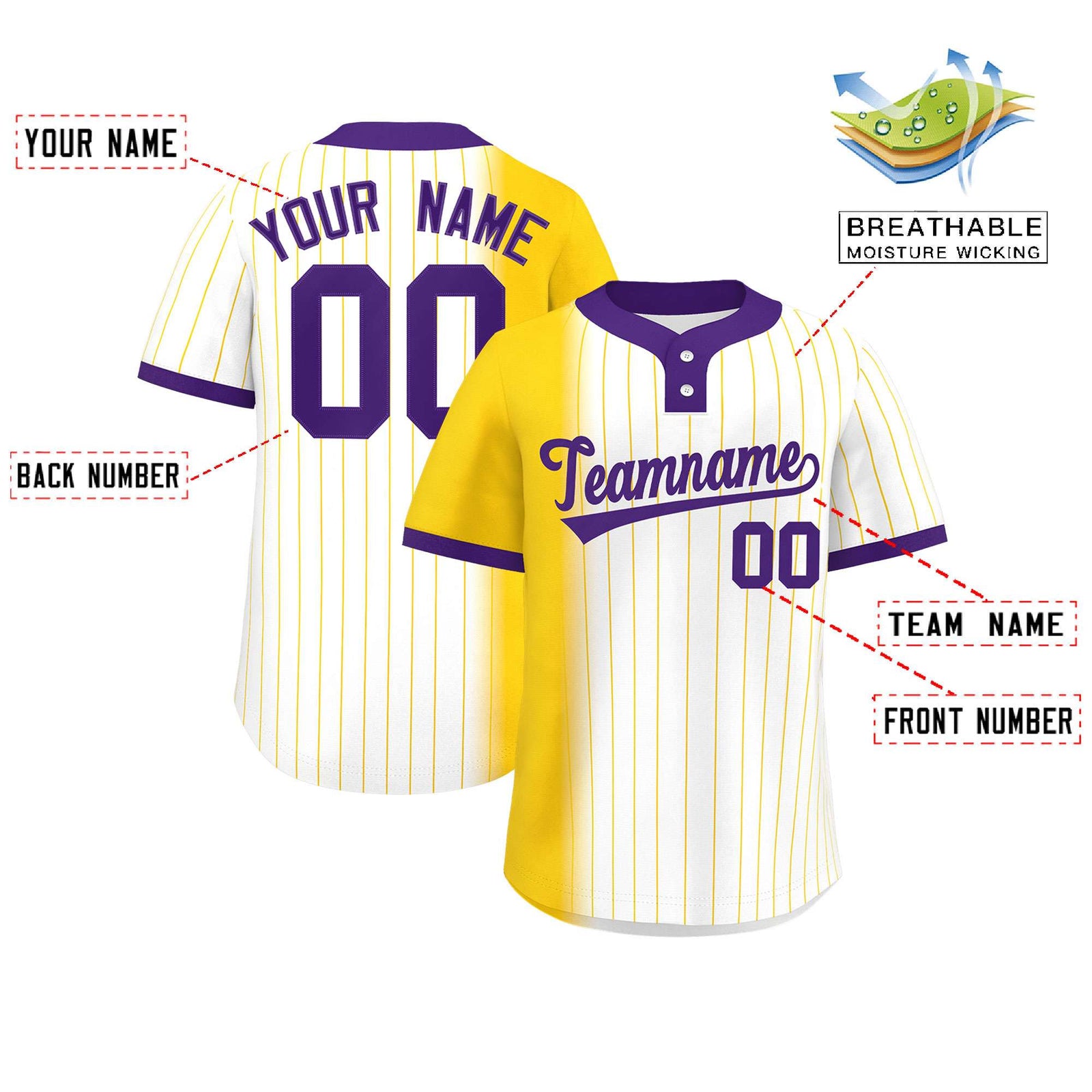 Custom Gold White-Purple Gradient Stripe Fashion Authentic Two-Button Softball Jersey